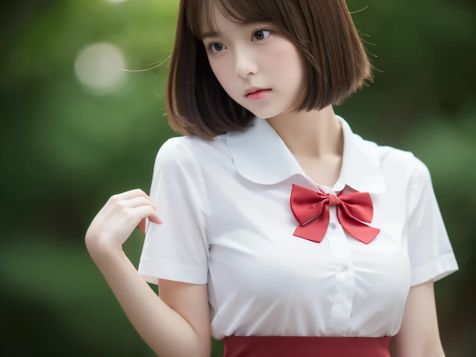 the Extremely Detailed CG Unity 8K Wallpapers、top-quality、ultra-detailliert、​masterpiece、studio shoot、softfocus、Soft atmosphere、realisitic、realisitic、(large full breasts:1.1)、extremely detailed cute girl、独奏、18year old、japanes、Melancholy look, Brown hair、Long bob cut hair、
(School Uniforms:1.2), (in a white shirt,:1.3), (Red bow:1.pleatedskirt:1.3), School classroom on background、outof focus、