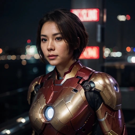 1 girl, night, cityscape, city lights, upper body, close up, 8k, raw photos, best quality, masterpiece, realistic, photo realistic, iron man suit, huge, thick thights, asian face, short hair, brunette hair