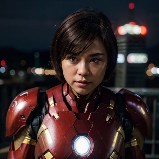 1 girl, night, cityscape, city lights, upper body, close up, 8k, raw photos, best quality, masterpiece, realistic, photo realistic, iron man suit, huge, thick thights, asian face, short hair, brunette hair