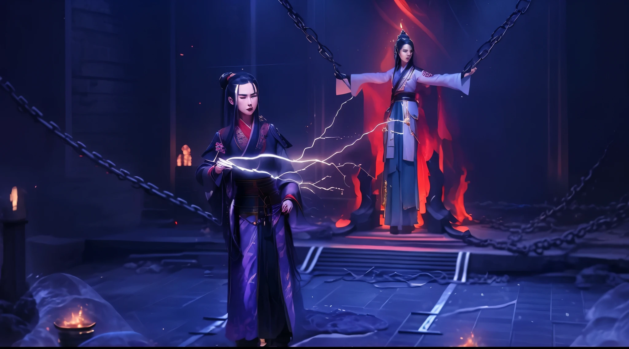 A woman stands in a dark room,Wearing chains, yiqiang and shurakrgt, full-body wuxia, full body xianxia, heise jinyao, inspired by Li Kan, xianxia hero, Inspired by Zhu Lian, inspired by Lü Ji, Arcane wizard casts spells, Inspired by Zhibai