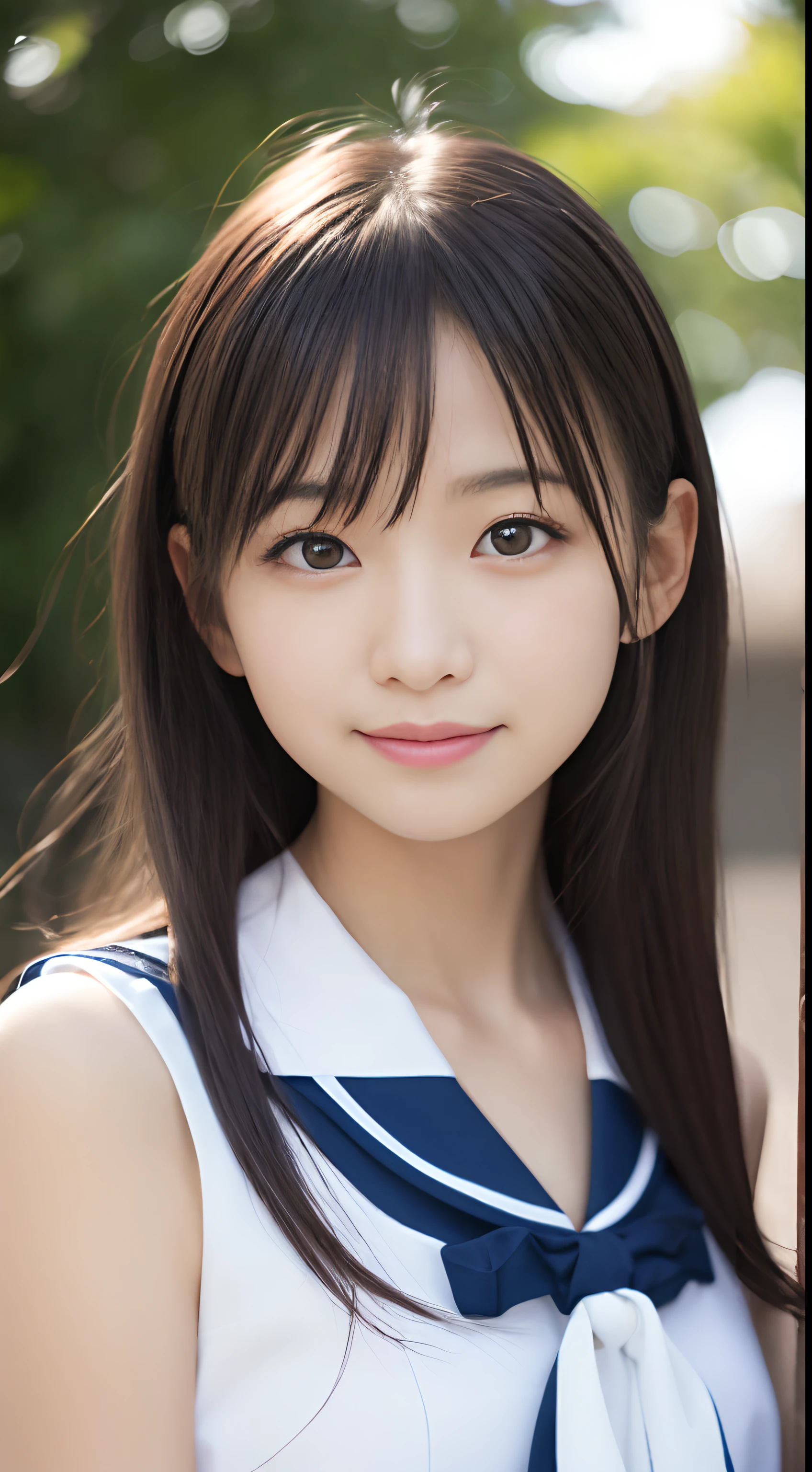 masutepiece, Best Quality, 8K, 45 yers old, Raw photo, absurderes, award winning portrait, Smile, Smile, Solo, Night, neons, Idol face, violaceaess, gardeniass, Delicate girl, Upper body, Digital SLR, Looking at Viewer, Candid, Sophisticated, zora々Right, Thin arms, Professional Lighting, Film grain, chromatic abberation, (Eyes and faces with detailed:1.0), (Bokeh:1.1) , closes mouth , Sailor Uniform , (pantiy:1.8) , pubick hair