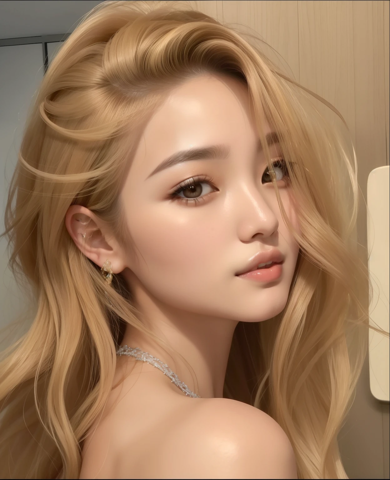 um close up de uma mulher com longos cabelos loiros e brincos, maquiagem coreana popular, Mulher sul-coreana bonita, menina coreana, maquiagem sul-coreana popular, linda mulher coreana jovem, mulher coreana jovem bonita, beautiful aesthetic face, korean face features, uma menina com cabelo loiro, Beautiful Asian girl, young adorable korean face, asian beautiful face, asian features, belo rosto delicado