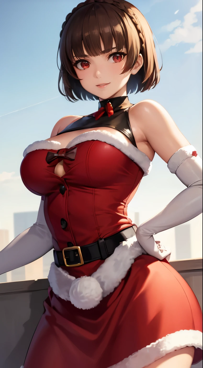 1girl, solo, masterpiece, best quality, high res, highly detailed, (illustration), beautiful detailed eyes, makoto nijima, blunt bangs, braid, brown hair, crown braid, (red eyes:1.3), short hair, ,glossy lips, light makeup, light smile, long white satin elbow gloves ,cowboy shot, (santa), red santa dress