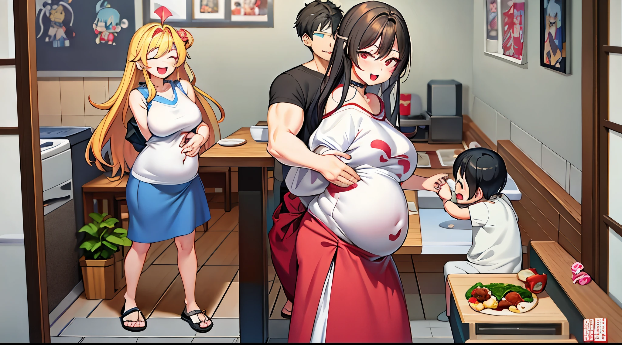 cartoon of a famiglia eating dinner in a kitchen with a baby, be pregnant, 怀be pregnant, GTA唐人街艺术styled, famiglia dinner, Tofu potatoes, point-and-click adventure game, digitial painting艺术, 艺术styled, digitial painting, daily life, Official fan art, video game stills, styled, happy famiglia, famiglia, slice of life anime
