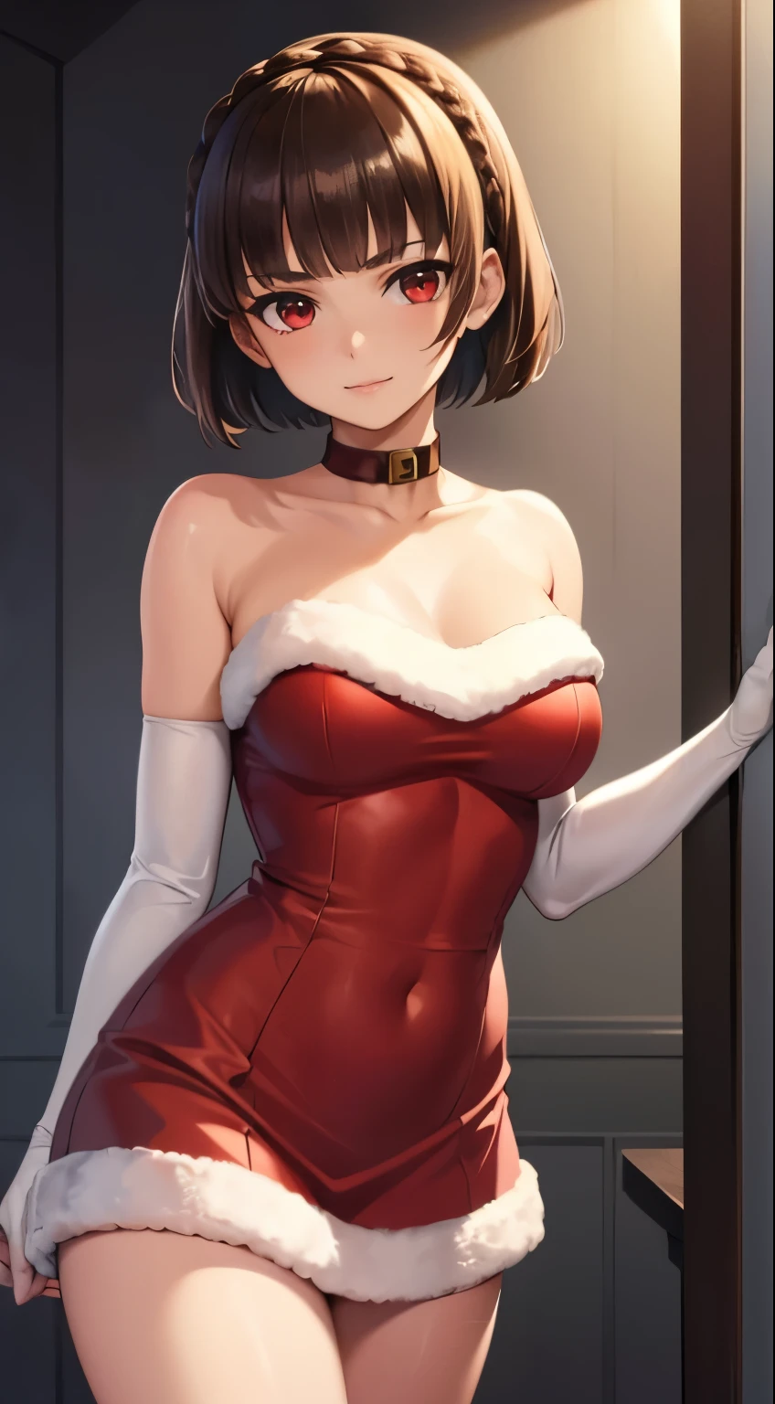 1girl, solo, masterpiece, best quality, high res, highly detailed, (illustration), beautiful detailed eyes, makoto nijima, blunt bangs, braid, brown hair, crown braid, (red eyes:1.3), short hair, ,glossy lips, light makeup, light smile, long white satin elbow gloves ,cowboy shot, (santa), red santa dress