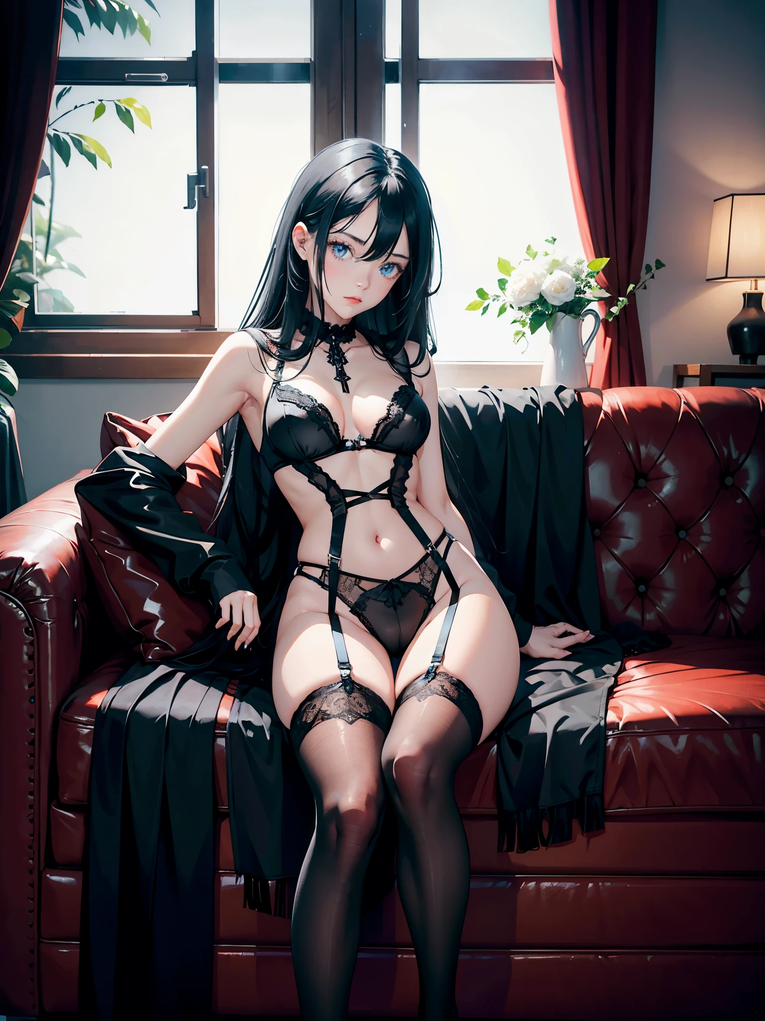 1girl, long black hair, blue eyes, wearing lingerie, living room, absurdres, high res, ultrasharp, 8K, looking at viewer