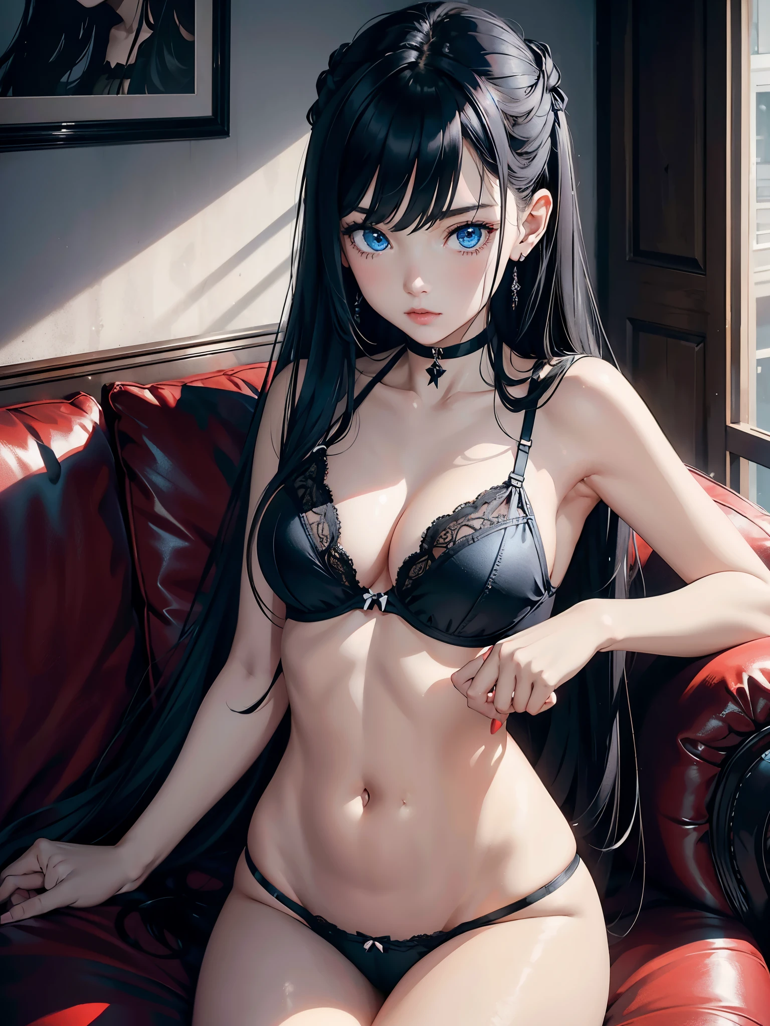 1girl, long black hair, blue eyes, wearing lingerie, living room, absurdres, high res, ultrasharp, 8K, looking at viewer