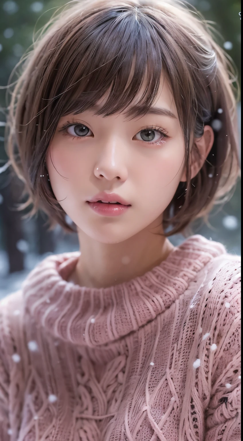 in the snowy forest, japanese woman, (pink knit sweater:1.3), snowing, pupils sparkling, brown short hair, big breast, realistic Portrait, depth of field, f/1.8, anatomically correct, textured skin, super detail, high details, high quality, super detail, high details, high quality, best quality, highres