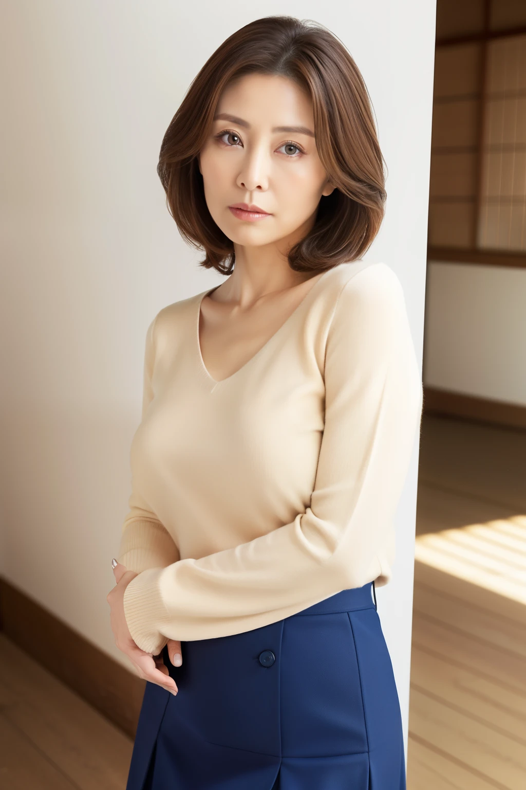 masuter piece, top-quality, masterpiece, hight resolution, Photorealsitic, sharp, Raw photography, 8k wallpaper, flawless, profetional lighting, ighly detailed, depth of fields,Pale solid color background, ((one beautiful women, japanese mature)), (70yo)), Female sexy, Detailed face, beautidful eyes, bangss, small breasts of good shape, Light Brown Straight Hair, Faint lips, ((standing at front、Staring at the viewer, serious face eyes.)), Sweaters, skirt by the, fully body photo, cowboy shot