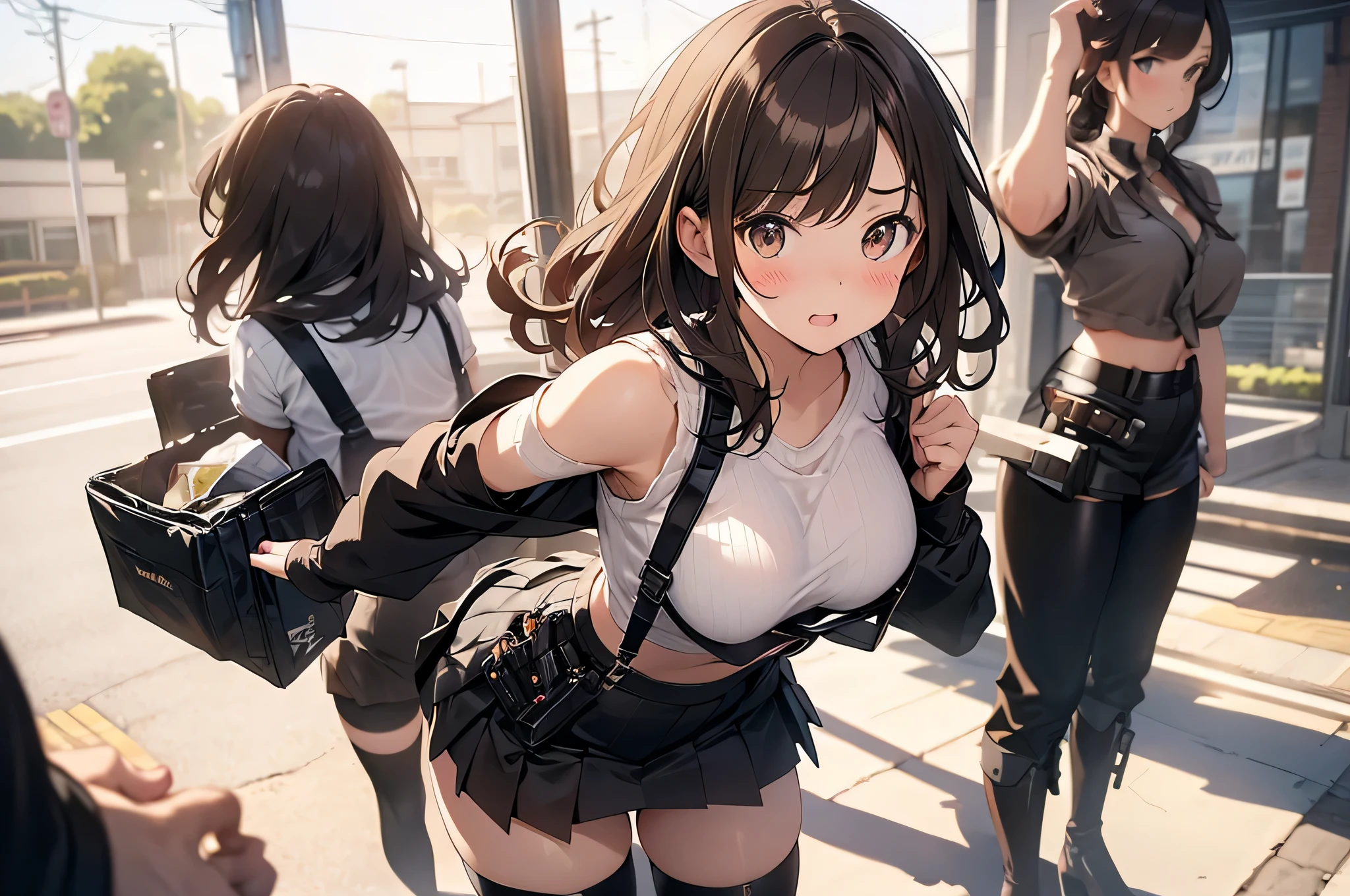 Brown hair、watching at viewers　　　black suspenders　　　bulging big tits　　 　 　　　walls: 　Black miniskirt　garters　　　　　　Gaze　　　a small face　bangss 　　　holster　　　Beautuful Women　　Hands up　　レッグholster ベッドに横たわる　　Gaze 　black boots panty shot　Provocation　flank　flank汗　Soio 　arms are