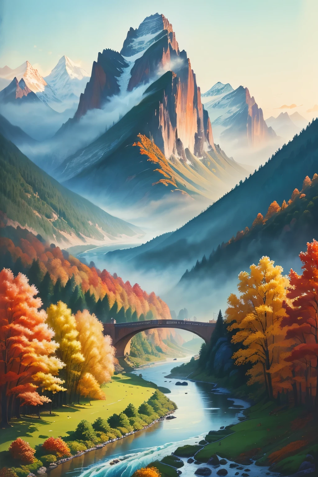 (best quality,8K,masterpiece:1.2),(best quality:1.0),(ultra-high definition:1.0),watercolor beautiful China, flowing rivers and lofty mountains, Chinese national flag, landscapes, smiling people, soft colors, (ink:1.3), autumn lighting,