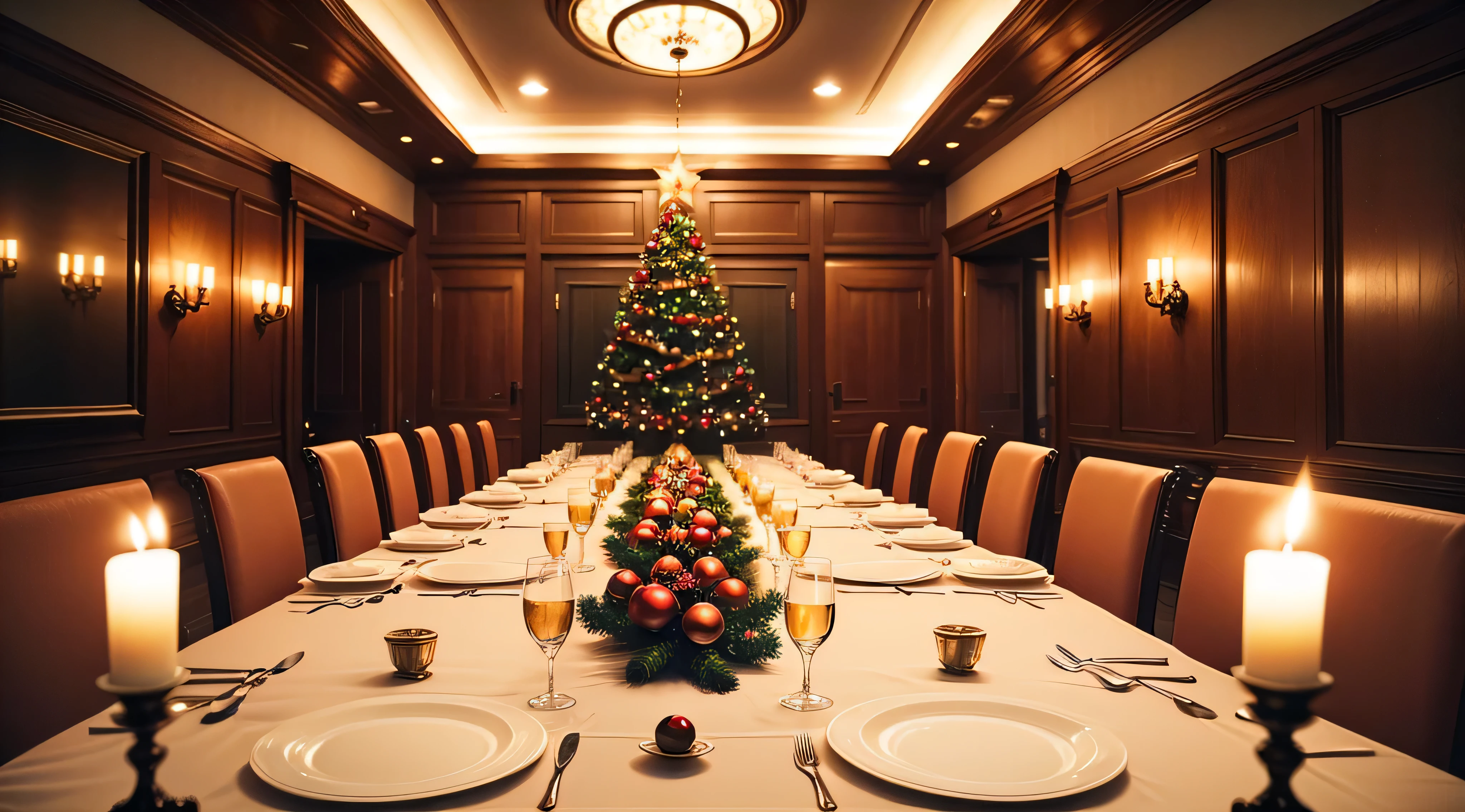 wide angle professional interior photo of a dining room with an ornately laid table christmas decoration dieselpunk style elaborate details