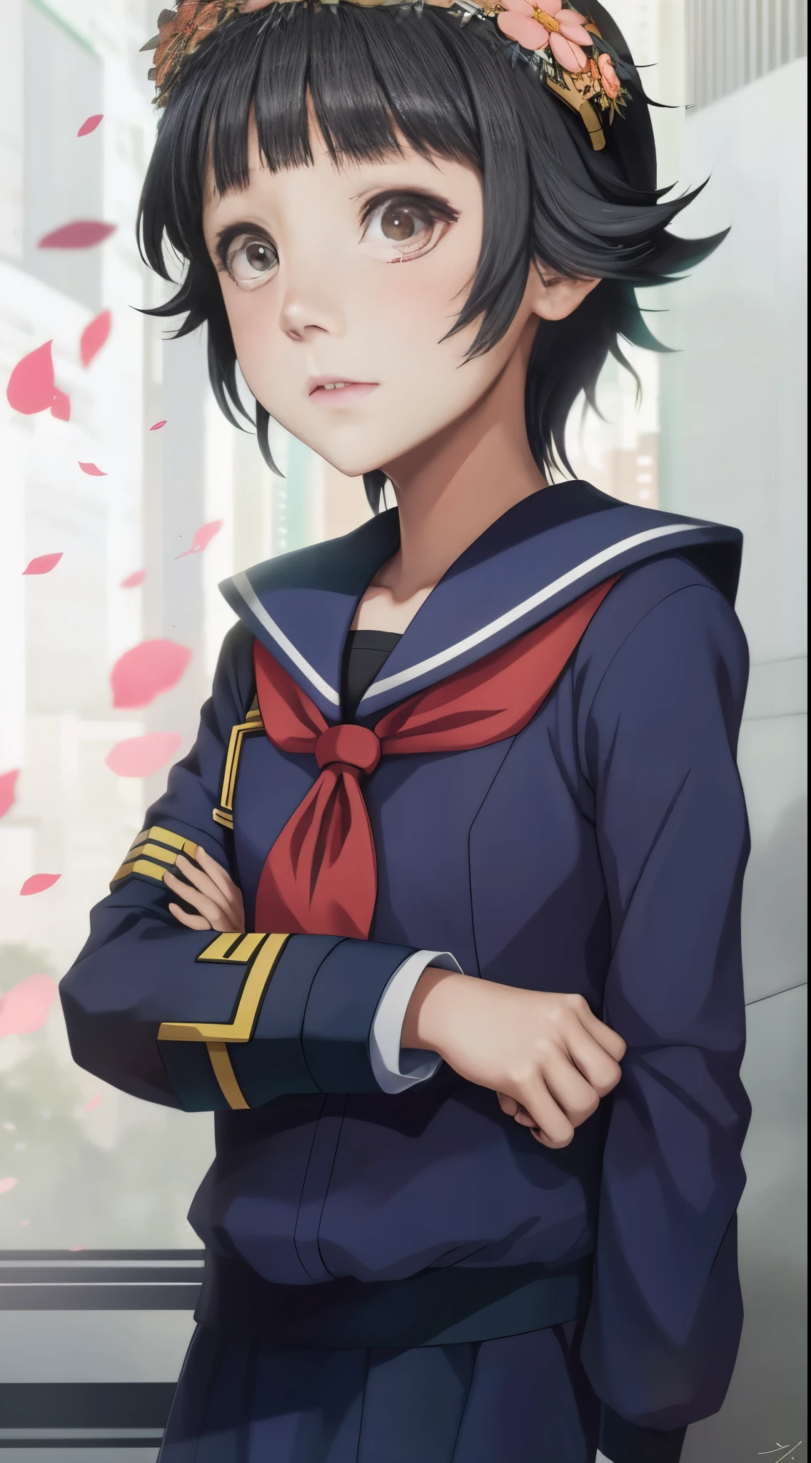 anime girl in uniform with flower crown standing in front of a wall, as an anime character, yuyushiki, iwakura lain, gapmoe yandere, rei hiroe, okata kazuto, lain iwakura, yuruyuri, shuushuu anime image, nagatoro, fubuki, close up iwakura lain,Uiharu Kazari