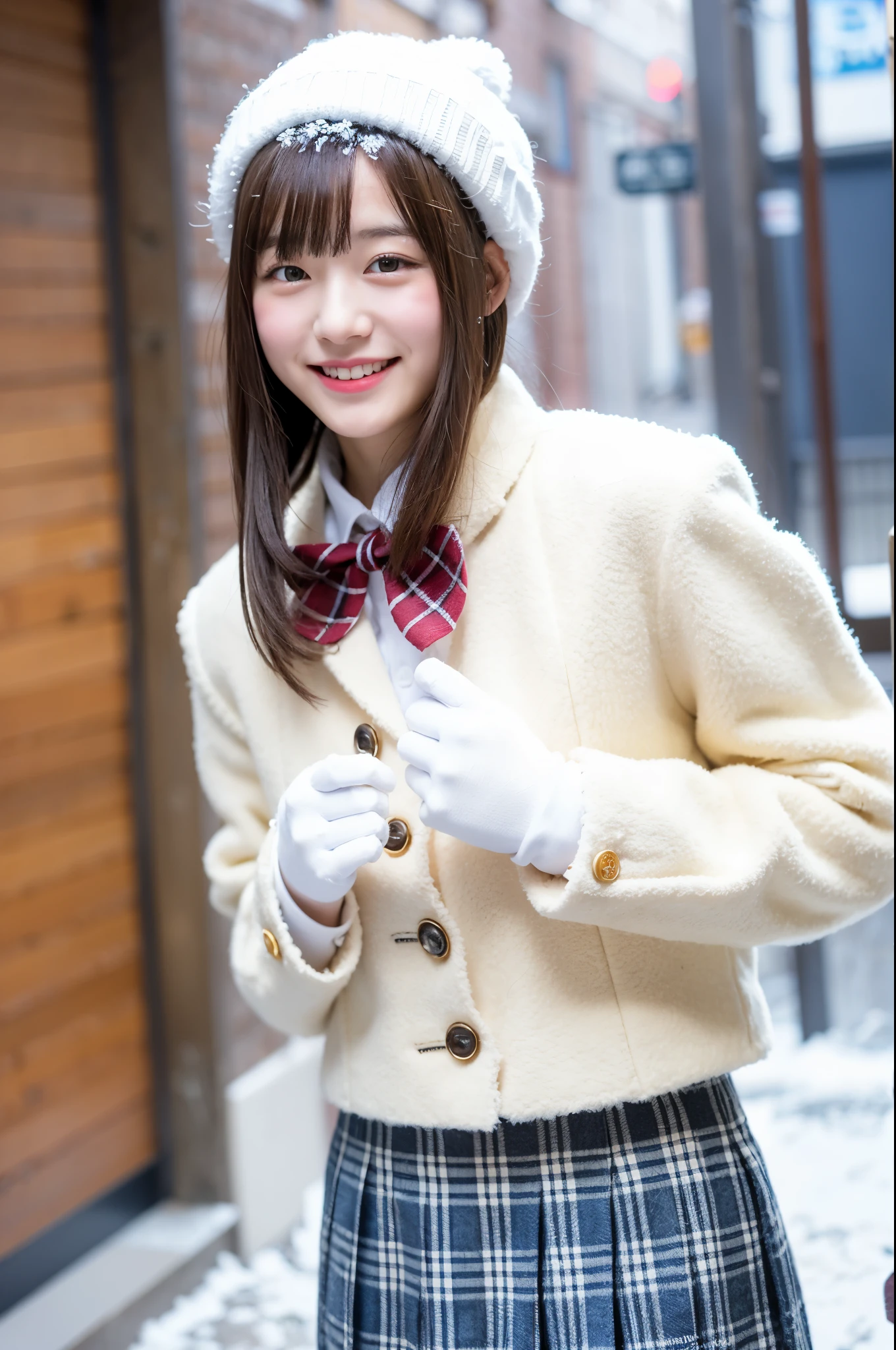 girl in snowy town street,white knitted hat,white shirt with red bow tie,white leggings,navy blue long coat,gloves,plaid pleated skirt,18-year-old,bangs,a little smile,thighs,knees,short cut hair,ponytail,from below