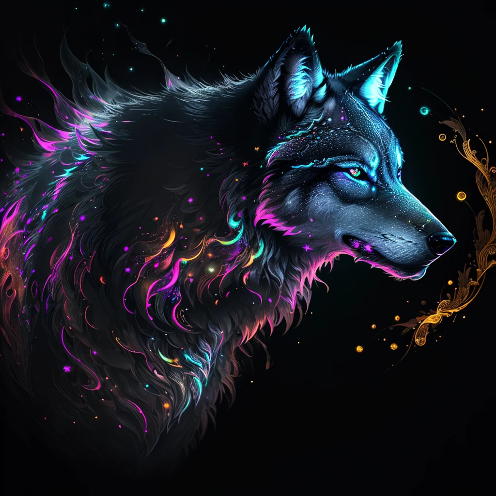 Black Light Art, silver wolf, Psychedelic, mysterious, dark, fluorescent pigments, flickering visual effect, octane render, enhance, intricate, (best quality, masterpiece, Representative work, official art, Professional, unity 8k wallpaper:1.3)