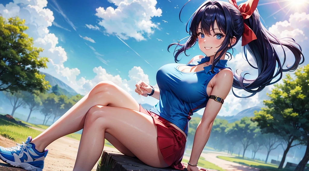 1girl, solo, village, trees, sun, clouds, ((colorful hair)), ponytail, large breasts, ((blue sleeveless T-shirt)), cleavage, blue eyes, red skirt, grin, looking at the viewer, ((standng)), hair ribbon, wrist watch, sport shoe