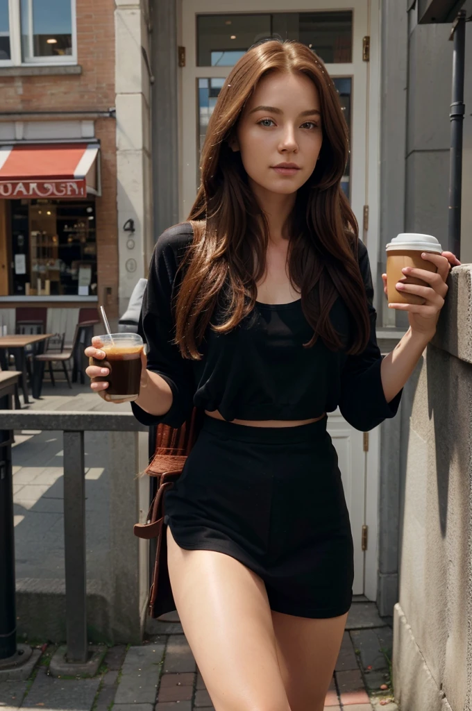 ultra high res.photorealistic:.1.4,UHD, beautiful gilr, red long hair, drink coffee, city