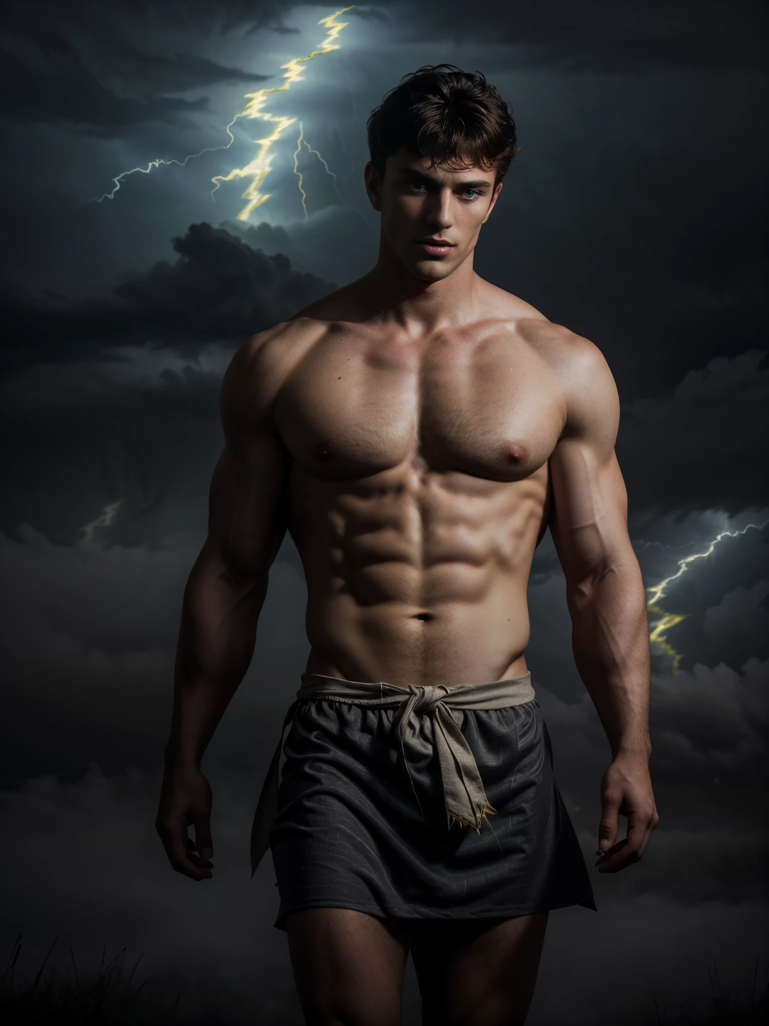 ((masterpiece)),((best quality)),8k, high detailed, ultra-detailed, Stylish Pose, real skin texture, dark cinematic lighting, 24 year-old Italian male model, (handsome italian:1.8), cute looking, divine look, powerful light blue eyes, Zeus god, god of thunder, Jupiter, godly, , bending electricity, displaying the ability to manipulate lightning, creating massive lightning, white pale skin, roman god physic, intense blue eyes, dry hair dry short brown messy hair, strong jawline, masculine, muscular, defined fit body, hairless chest, shirtless, pantless, open sea, sinister aesthetic, black storm clouds, arm bracelet. (lightning:1.6) clouds, (thunder:1.5), walking towards the camera (in the middlea thick fog:1.6), (night dark storm:1.45), barelegged, barefoot, antique linen spartan loincloth , white linen antique draped cloth skirt, chain belt,,,, dim light, dark atmosphere, cinematic lighting, Depth of field, award-winning photography, elegant, hyperrealistic, octane render, unreal, high definition, 8k resolution, highly detailed, 8k uhd, professional lighting, photon mapping, radiosity, physically-based rendering