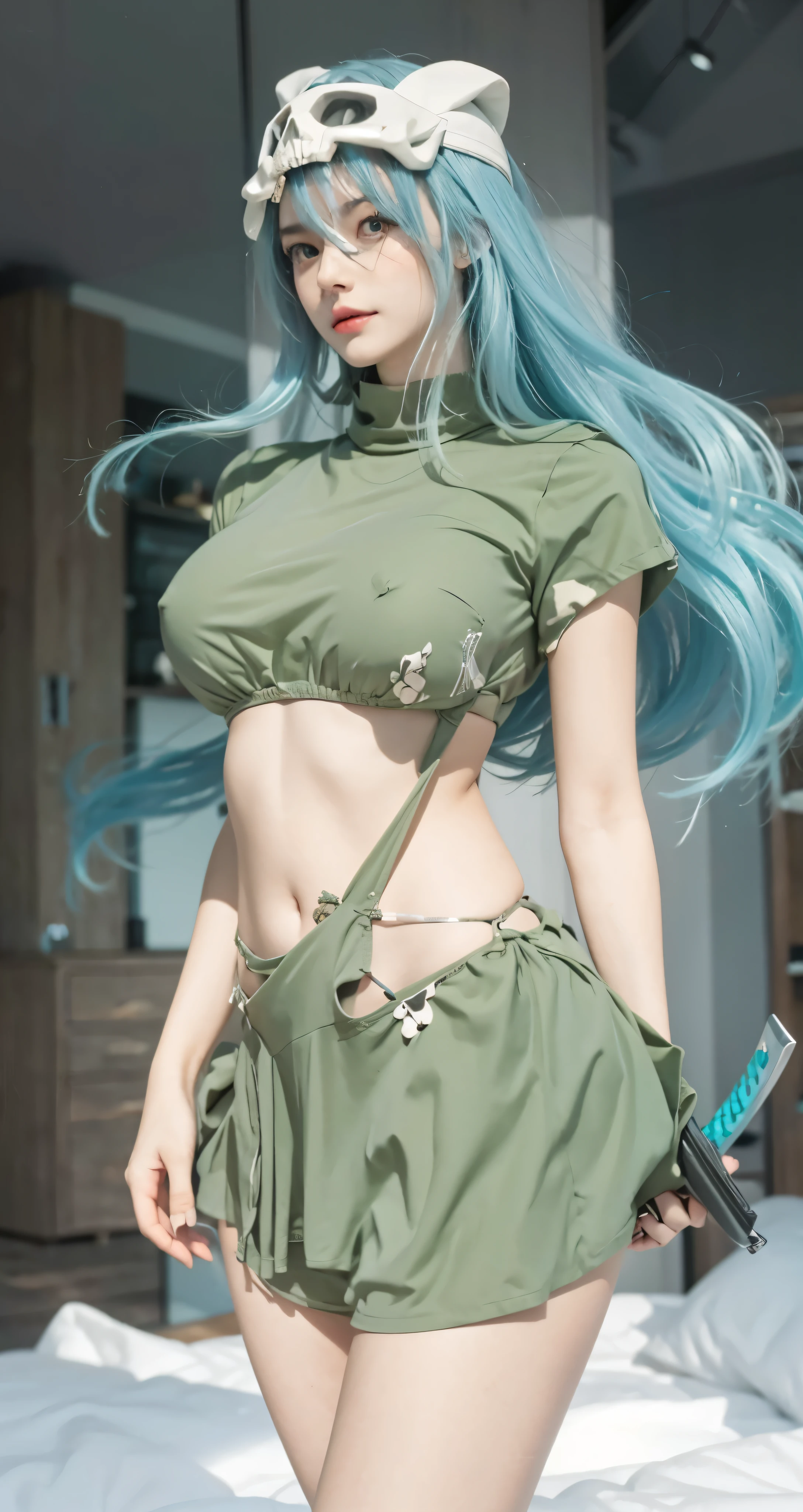 Green eyes, blue hair,small size boobs, small size breasts, Skull on her head, she's wearing a skull face on her head, she's holding a katana, cover her boobs, cover her legs, cover her private parts,