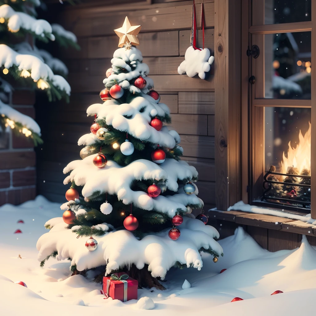 Exquisite Christmas Cabin, adorned with colorful decorations, stars, cane candy, and gifts, with piles of gifts piled up under the tree. Snowflakes float in the air, warm Christmas Season,Cartoon Christmas Tree Atmosphere Illustration,illustration, Christmas trees --auto --s2