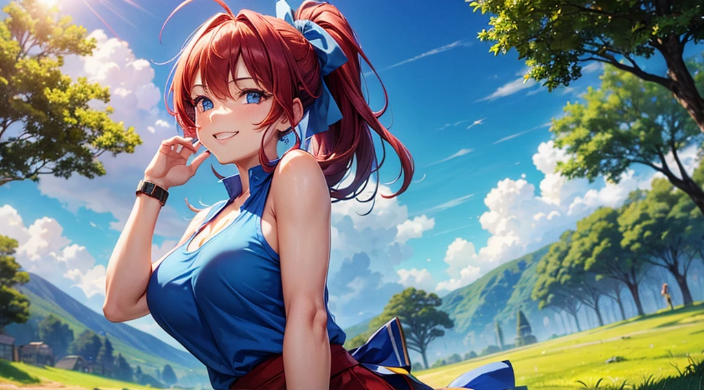1girl, solo, village, trees, sun, clouds, ((colorful hair)), ponytail, large breasts, ((blue sleeveless T-shirt)), cleavage, blue eyes, red skirt, grin, looking at the viewer, ((standng)), hair ribbon, wrist watch