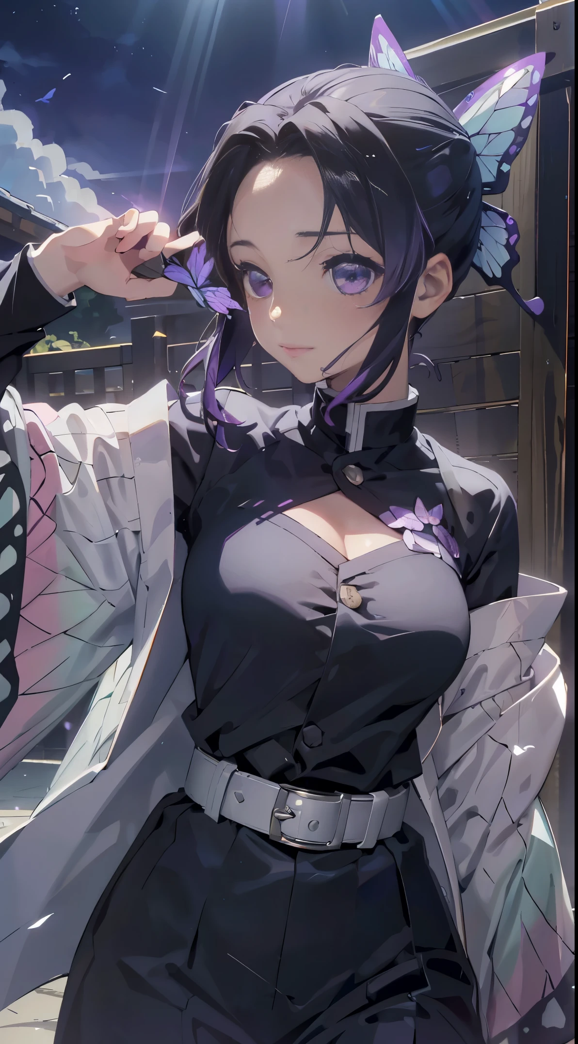 Ultra-realistic 8K CG，tmasterpiece，（（Ultra detailed backgrounds，delicate patterns，Complicated details）），Best quality at best，very vey very detailed face，very detailed eyes and faces，Very detailed eyes，Kochou Shinobu，O cabelo multicolorido，No bangs，hair intakes，Purple eye，Forehead，Black shirt，Black pantsuit，haori，butterflys，obi strip，（trpical garden：1.2），purple flower，mostly cloudy sky，rays of sunshine，Tyndall effect，Gradient_sky，the face，beautiful sky，Saber on the waist，captivating posture，（Large breasts:1.3)，（cleavage:1.3)，（Off-the-shoulder attire:1.5)