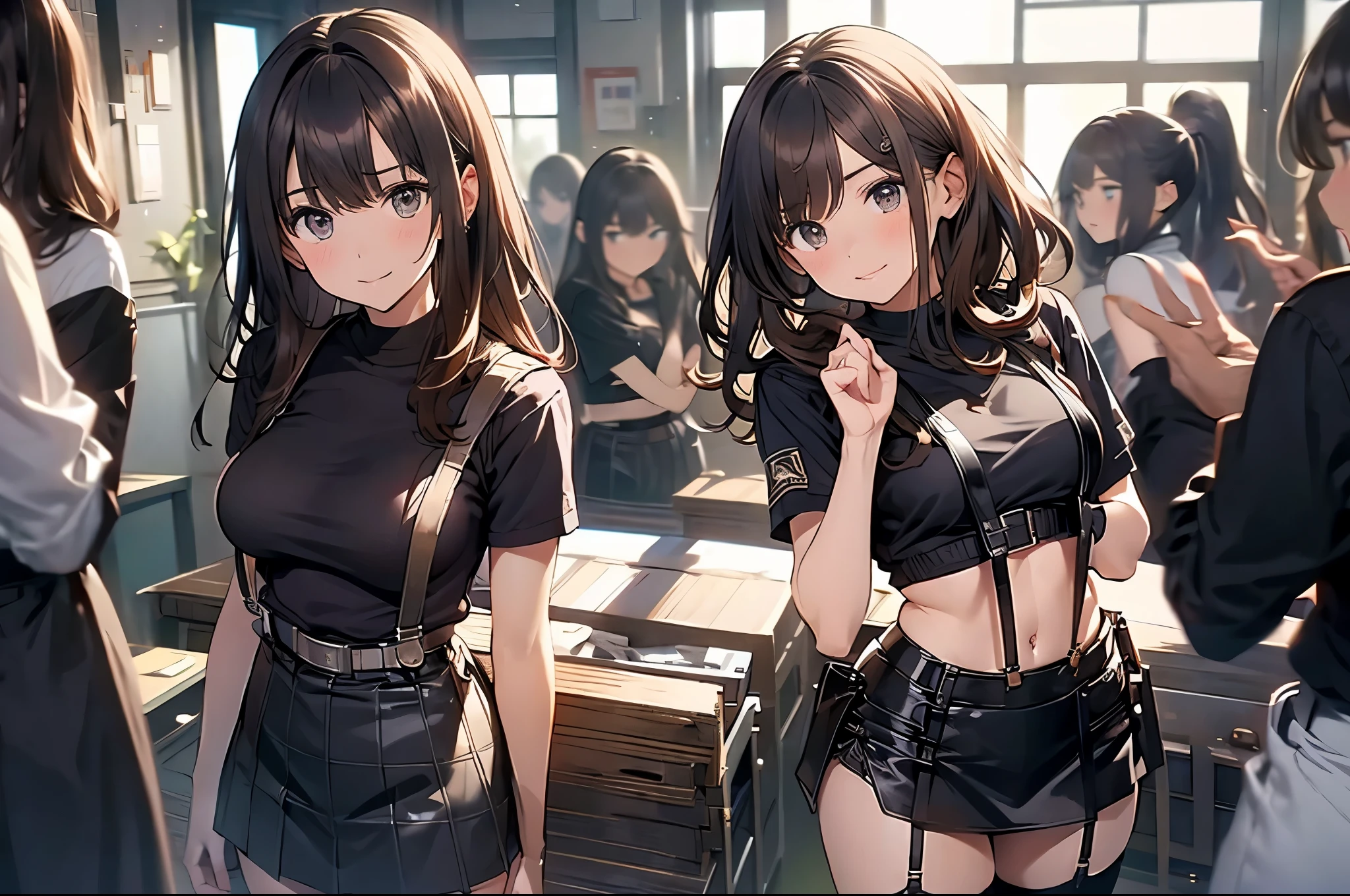 Brown hair、watching at viewers black suspenders Bulging big breasts walls: Black miniskirt garters Gaze Small face bangss holster Beautuful Women hands up レッグholster ベッドに横たわる Gaze black boots panty shot provocation flank flank汗 soio arm