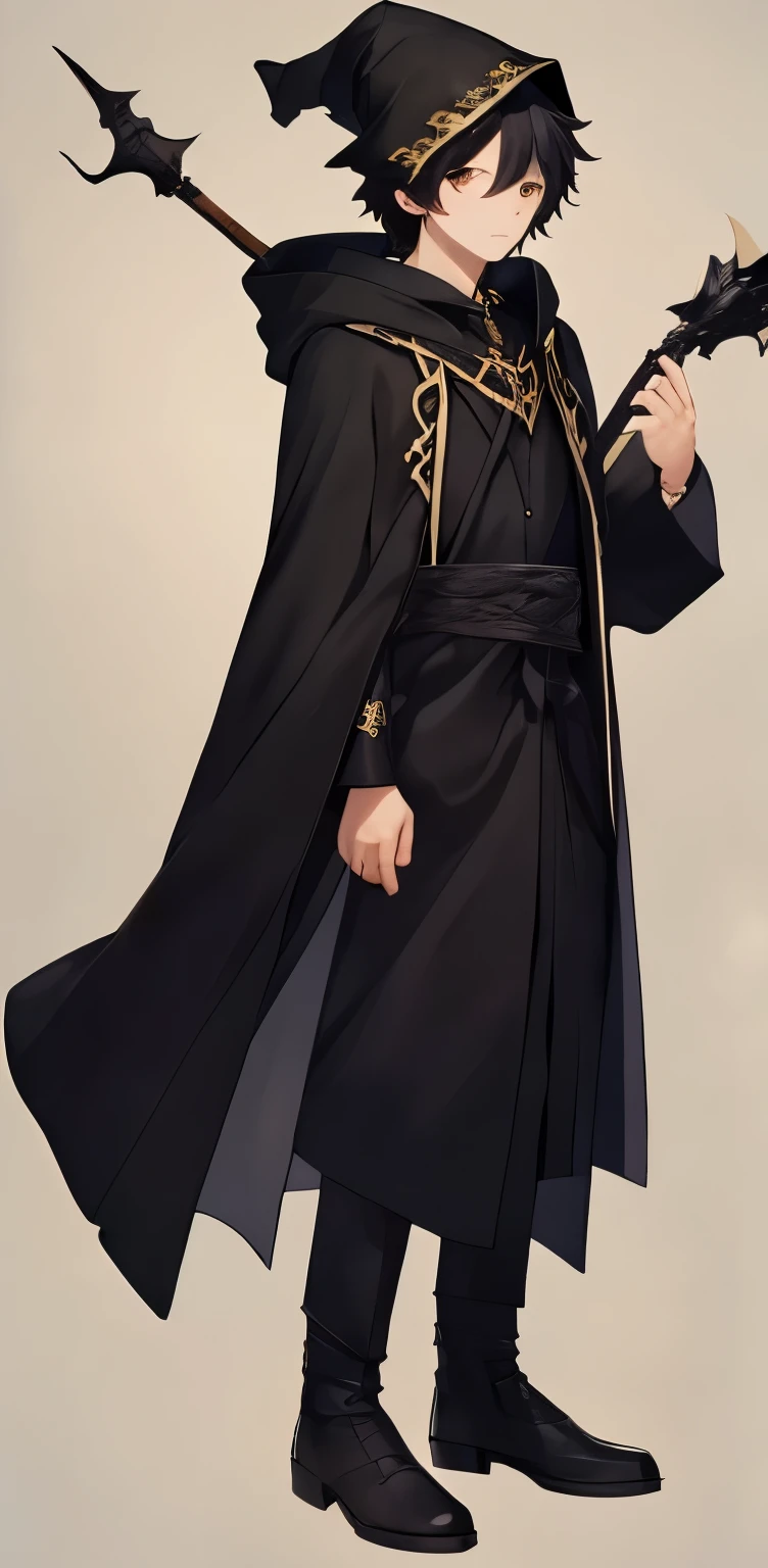 Best Quality, High quality, Full body depiction, 1boy, Solo, Male Focus, Looking at Viewer, Upper body, A dark-haired, eyes black, plain black robe、Wearing a hood、Wizard robes、