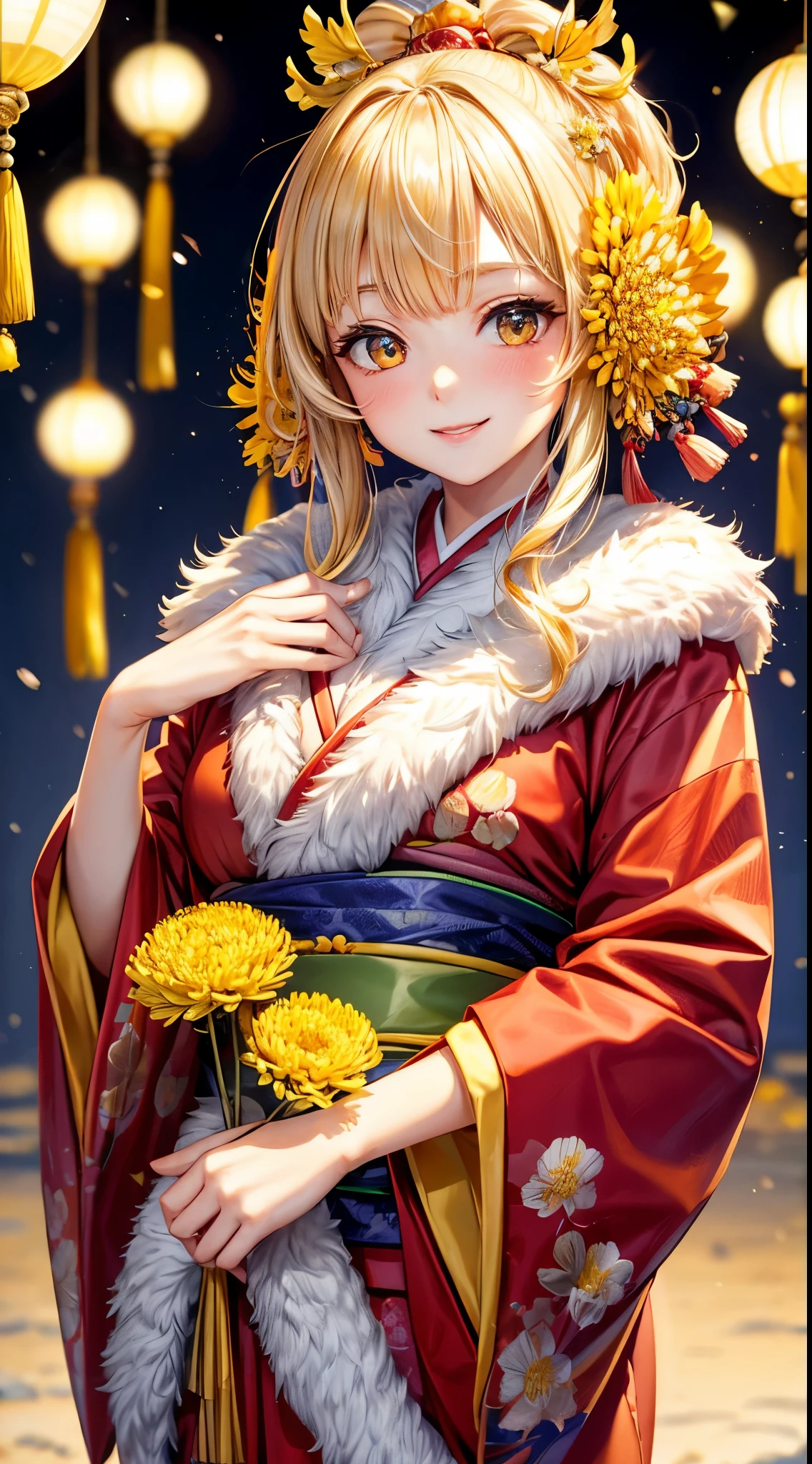 Very detailed CG Unity 8K wallpaper, Cute One Girl, Mature blonde girl, half updo,beautiful Girl, hot maiden, pale skin (Super masterpiece, Beautiful person, well detailed face polluted smile, flat chest is hidden by kimono、Photorealistic, hyper realisitic), Colorful winter kimono in red and pink colors 、has white fur、 Wearing white gloves,Japanese Style Hair Accessories, (Light Lighting)、smil,Upper body 、Japanese background of yellow chrysanthemum flowers