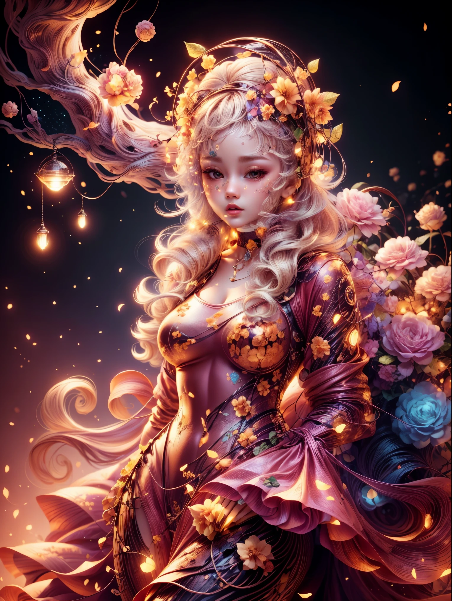Best quality at best, tmasterpiece, A high resolution, 1个Giant Breast Girl,Chinese dress,hair adornments,choker necklace, jewely,pretty face,above_body, dingdall effect,realisticlying, dark studio, edge lit, two color lights,(highdetailskin:1.2), 8K uhd, SLR camera, gentlesoftlighting, high qulity, Volumetriclighting, Frankness, photore, A high resolution, 4K, 8K, bokeh, Blonde hair