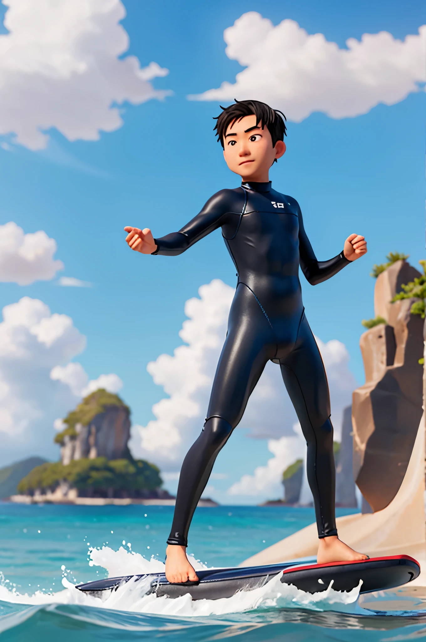 Chinese man surfing in swimsuit or wetsuit