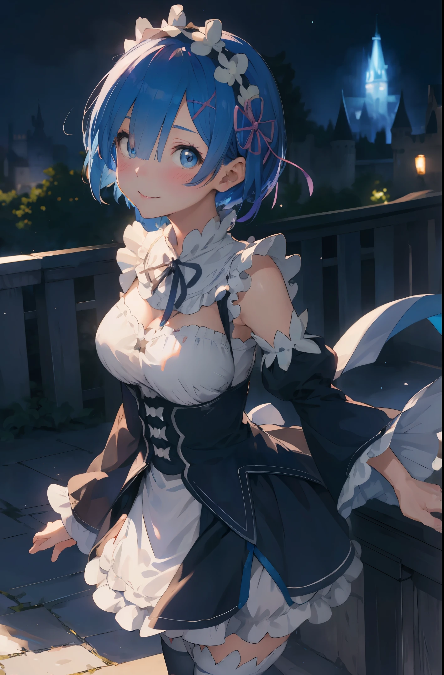 blue hair, rem \(re:zero\), [smile], blush, castle,, masterpiece, best quality, perfect lighting, 1girl, skirt, medium breasts,