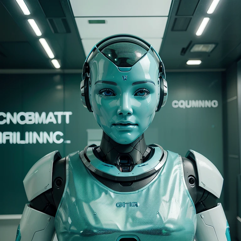 Create a realistic artificial intelligence robot in realistic aqua green and white colors with a futuristic background and written Profiting From ChatGPT underneath
