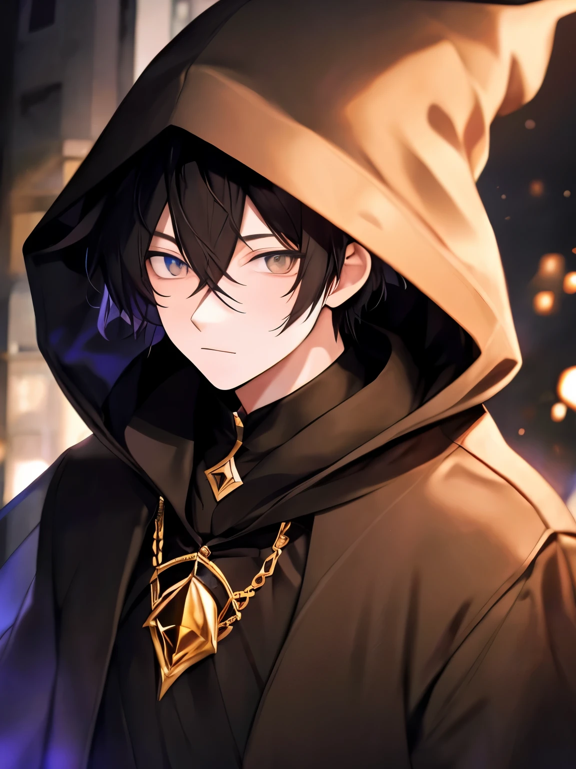 Best Quality, High quality, 1boy, Solo, Male Focus, Looking at Viewer, Upper body, A dark-haired, eyes black, plain black robe、Wearing a hood、sorcerer