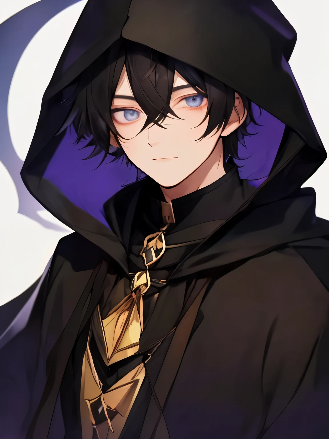 Best Quality, High quality, 1boy, Solo, Male Focus, Looking at Viewer, Upper body, A dark-haired, eyes black, plain black robe、Wearing a hood、sorcerer