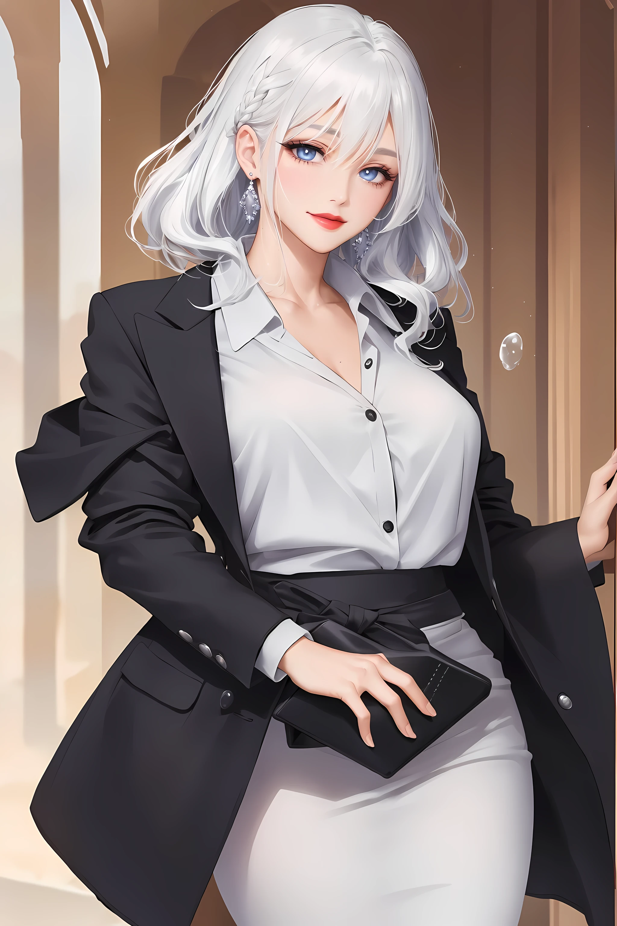 Redlip,lipsticks缺少商务夹克:1.4),(one-girl:1.5),Elegant photo of girl wearing suit jacket,Redlip,lipsticks,(perfect  eyes:1.4), (White color blouse:1.5), silber hair,a purple eye,A slight smil,Happy,highdetailskin,Stunning face,Long eyelashes,black eyeliner,tmasterpiece,Best quality at best,(black sash:1.2),White color blouse,water drop earrings business formal wear:1.2),Full body lesbian