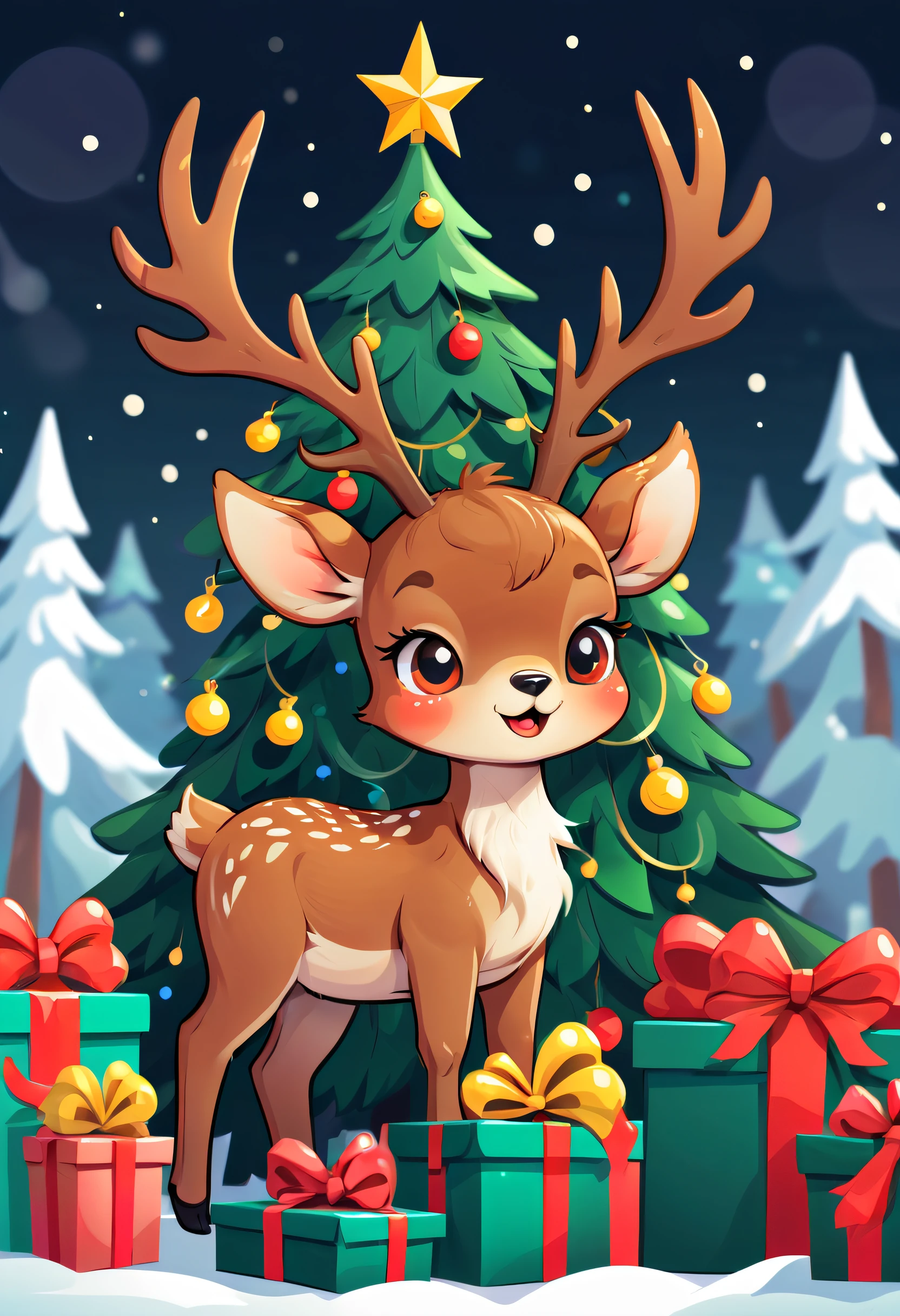 Cute reindeer and jingle bells, Christmas tree, gift boxes, flatillustration, Cartoons, scribbles, Thick lines and sharp illustrations