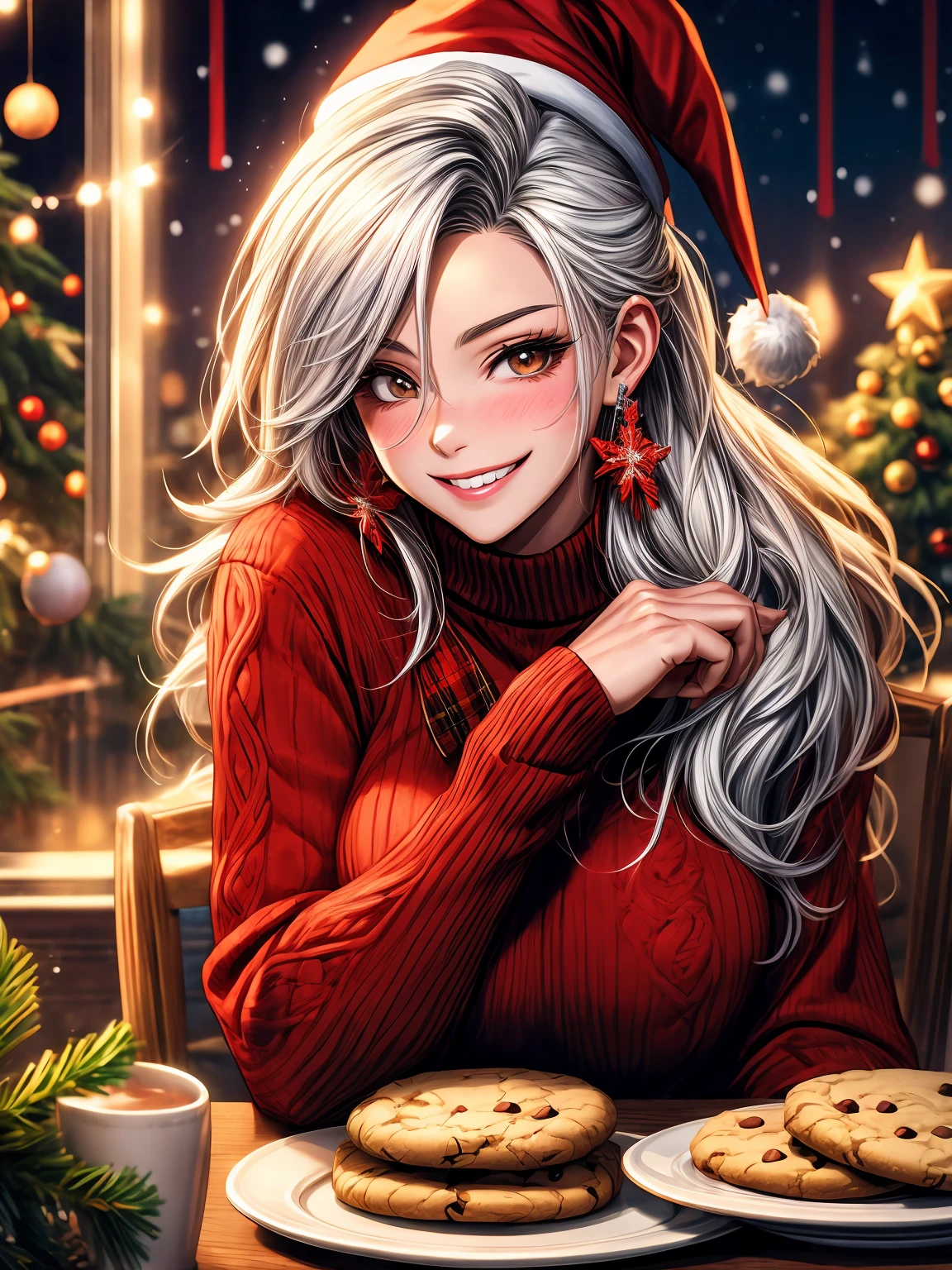 anime girl with white hair and red sweater sitting at a table with cookies, [[[[grinning evily]]]], warm smile, cunning smile, christmas night, joyful smirk, (winking), valentina remenar, from overwatch, wearing festive clothing, riven, kda, loli, grinning lasciviously