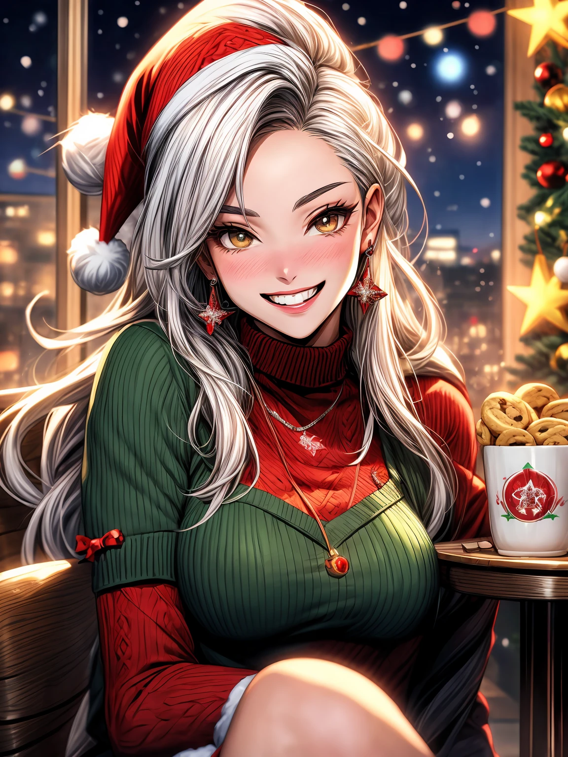 anime girl with white hair and red sweater sitting at a table with cookies, [[[[grinning evily]]]], warm smile, cunning smile, christmas night, joyful smirk, (winking), valentina remenar, from overwatch, wearing festive clothing, riven, kda, , grinning lasciviously