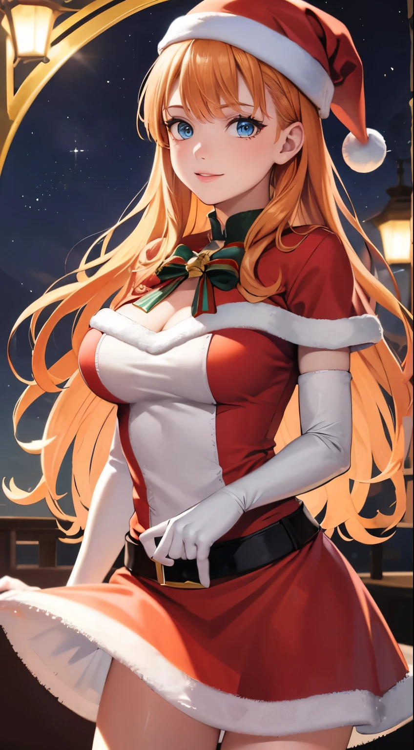 1girl, solo, masterpiece, best quality, high res, highly detailed, (illustration), beautiful detailed eyes, annette_war, orange hair , long hair,blue eyes ,glossy lips, light makeup, smile, long white satin elbow gloves ,cowboy shot, (santa), red santa dress