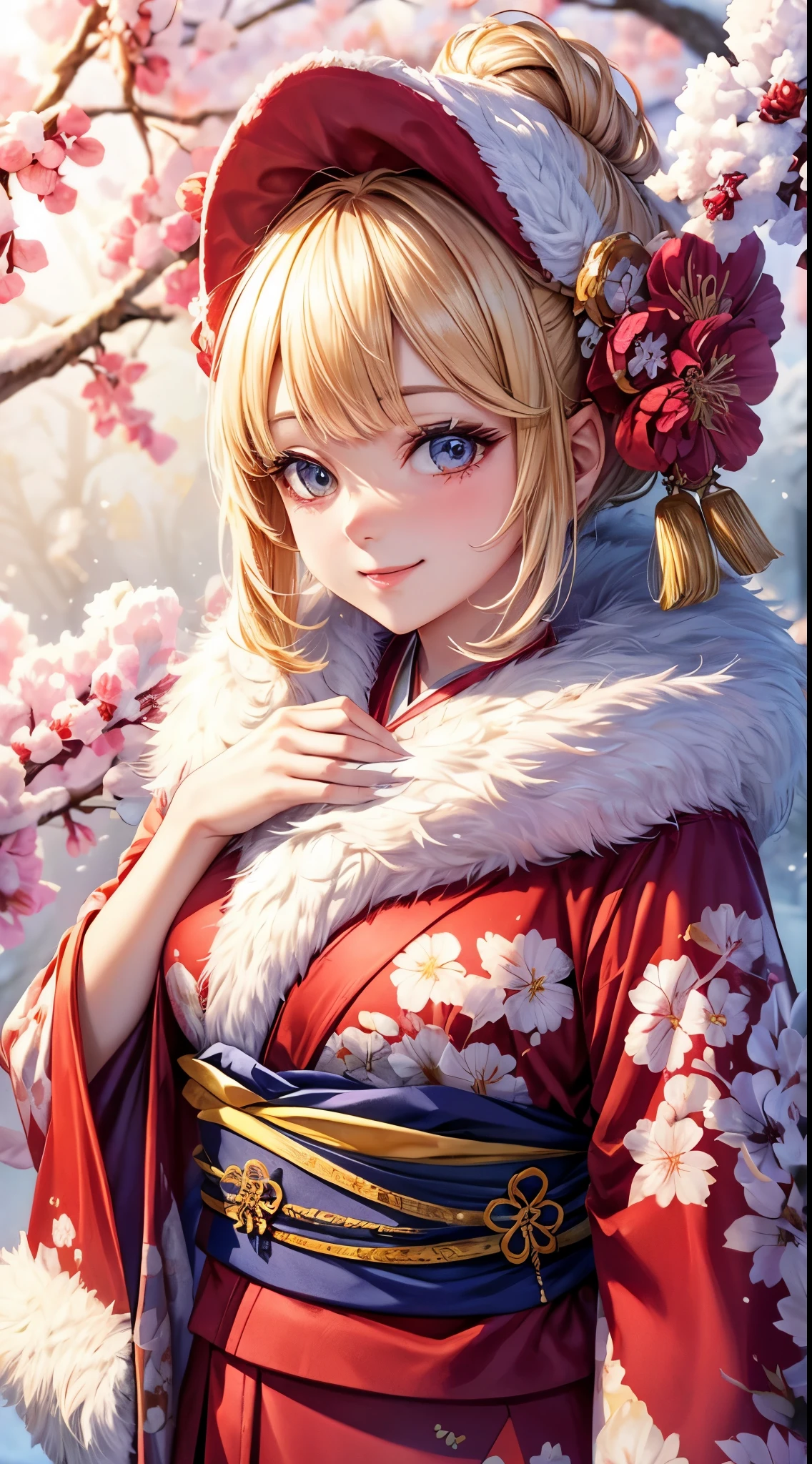 Very detailed CG Unity 8K wallpaper, Cute One Girl, Mature blonde girl, half updo,beautiful  Girl, hot maiden, pale skin (Super masterpiece, Beautiful person, well detailed face polluted smile,   flat chest is hidden by kimono、Photorealistic, hyper realisitic), Colorful winter kimono in red and pink colors 、has white fur、 Japanese Style Hair Accessories,  (Light Lighting)、smil,Upper body 、Japanese background with pink flowers and snow