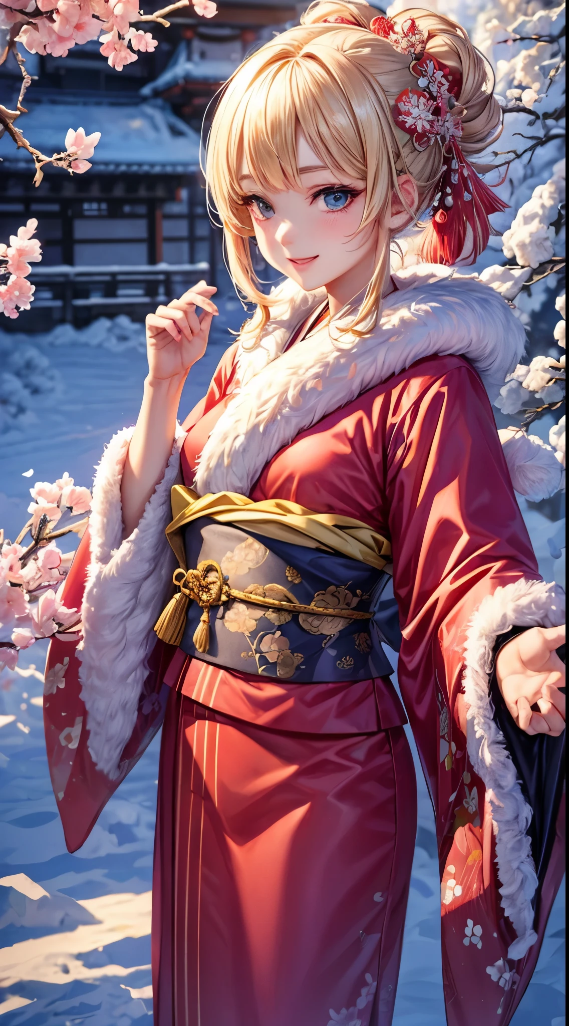 Very detailed CG Unity 8K wallpaper, Cute One Girl, Mature blonde girl, half updo,beautiful Girl, hot maiden, pale skin (Super masterpiece, Beautiful person, well detailed face polluted smile, flat chest is hidden by kimono、Photorealistic, hyper realisitic), Colorful winter kimono in red and pink colors 、has white fur、 Japanese Style Hair Accessories, (Light Lighting)、smil,Upper body 、Japanese background with pink flowers and snow