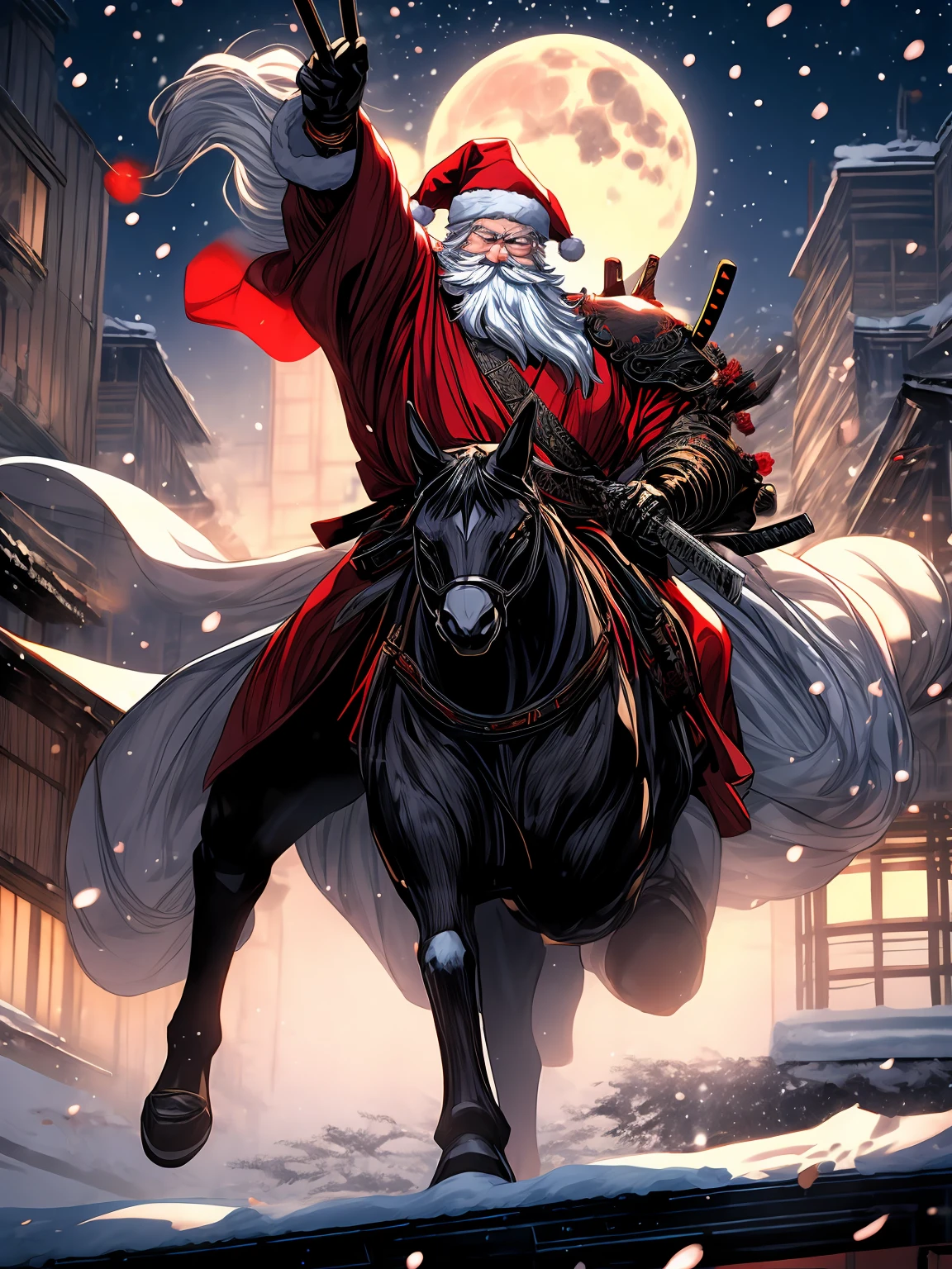 santa clause,samurai,kosa hat,dark,ominous,menacing,epic,ghost in the shell style,ar 3:2,hdr,vivid colors,bokeh,professional,ultra-detailed,long white beard,detailed eyes,detailed lips,golden armor,elegant kimono,imposing figure,carrying a large bag of presents,in a snowy landscape at night,with cherry blossom petals floating in the air,dynamic action pose,swords drawn,stepping on a rooftop,with a full moon illuminating the scene,high contrast lighting,shadows creating a sense of mystery,reflective surfaces on the armor and katana,powerful energy radiating from santa's figure."""

# stable diffusion prompt：
"""santa clause as a samurai,santa clause as a samurai,kosa hat,kosa hat,dark,dark,ominous,ominous,menacing,menacing,epic,epic,ghost in the shell style,ghost in the shell style,ar 3:2,hdr,vivid colors,bokeh,professional,ultra-detailed,long white beard,long white beard,detailed eyes,detailed eyes,detailed lips,detailed lips,golden armor,golden armor,elegant kimono,elegant kimono,imposing figure,imposing figure,carrying a large bag of presents,carrying a large bag of presents,in a snowy landscape at night,in a snowy landscape at night,with cherry blossom petals floating in the air,with cherry blossom petals floating in the air,dynamic action pose,dynamic action pose,swords drawn,swords drawn,stepping on a rooftop,stepping on a rooftop,with a full moon illuminating the scene,with a full moon illuminating the scene,high contrast lighting,high contrast lighting,shadows creating a sense of mystery,shadows creating a sense of mystery,reflective surfaces on the armor and katana,reflective surfaces on the armor and katana,powerful energy radiating from Santa's figure,powerful energy radiating from Santa's figure."""