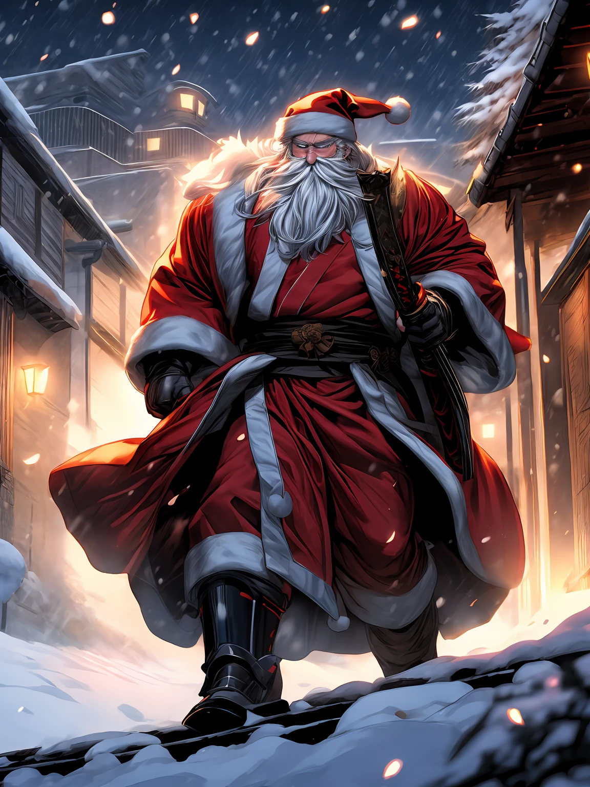 santa clause,samurai,kosa hat,dark,ominous,menacing,epic,ghost in the shell style,ar 3:2,hdr,vivid colors,bokeh,professional,ultra-detailed,long white beard,detailed eyes,detailed lips,golden armor,elegant kimono,imposing figure,carrying a large bag of presents,in a snowy landscape at night,with cherry blossom petals floating in the air,dynamic action pose,swords drawn,stepping on a rooftop,with a full moon illuminating the scene,high contrast lighting,shadows creating a sense of mystery,reflective surfaces on the armor and katana,powerful energy radiating from santa's figure."""

# stable diffusion prompt：
"""santa clause as a samurai,santa clause as a samurai,kosa hat,kosa hat,dark,dark,ominous,ominous,menacing,menacing,epic,epic,ghost in the shell style,ghost in the shell style,ar 3:2,hdr,vivid colors,bokeh,professional,ultra-detailed,long white beard,long white beard,detailed eyes,detailed eyes,detailed lips,detailed lips,golden armor,golden armor,elegant kimono,elegant kimono,imposing figure,imposing figure,carrying a large bag of presents,carrying a large bag of presents,in a snowy landscape at night,in a snowy landscape at night,with cherry blossom petals floating in the air,with cherry blossom petals floating in the air,dynamic action pose,dynamic action pose,swords drawn,swords drawn,stepping on a rooftop,stepping on a rooftop,with a full moon illuminating the scene,with a full moon illuminating the scene,high contrast lighting,high contrast lighting,shadows creating a sense of mystery,shadows creating a sense of mystery,reflective surfaces on the armor and katana,reflective surfaces on the armor and katana,powerful energy radiating from Santa's figure,powerful energy radiating from Santa's figure."""