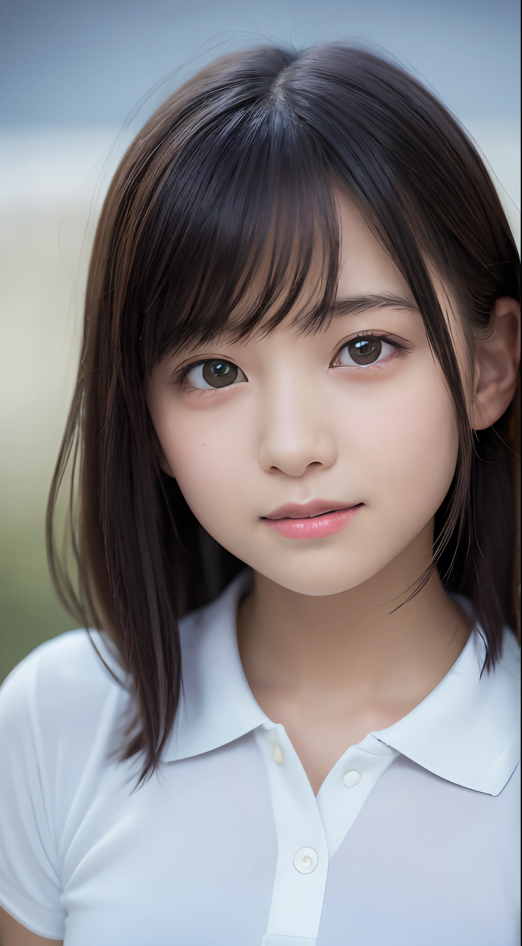 masutepiece, Best Quality, 8K, 8years old, Teen, Raw photo, absurderes, award winning portrait, Smile, Solo, (Night:1.8), Idol face, Delicate girl, Upper body, Digital SLR, Looking at Viewer, Candid, Sophisticated,Thin arms, Professional Lighting, Film grain, chromatic abberation, (Eyes and faces with detailed:1.0), (Bokeh:1.1) , (polo shirts:1.1) , closes mouth , A dark-haired , drooing eyes , large full breasts , Plump lips