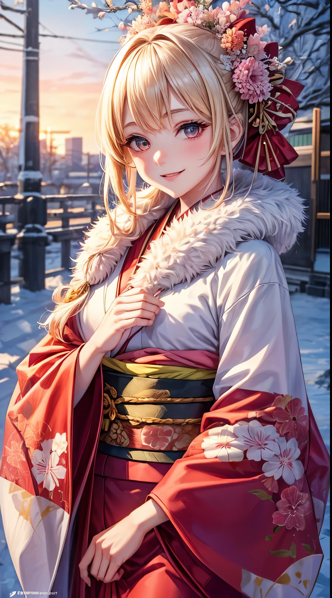 Very detailed CG Unity 8K wallpaper, Cute One Girl, Mature blonde girl, half updo,beautiful Girl, hot maiden, pale skin (Super masterpiece, Beautiful person, well detailed face polluted smile, flat chest is hidden by kimono、Photorealistic, hyper realisitic), Colorful winter kimono in red and pink colors 、has white fur、 Japanese Style Hair Accessories, (Light Lighting)、smil,Upper body 、Japanese background with pink flowers