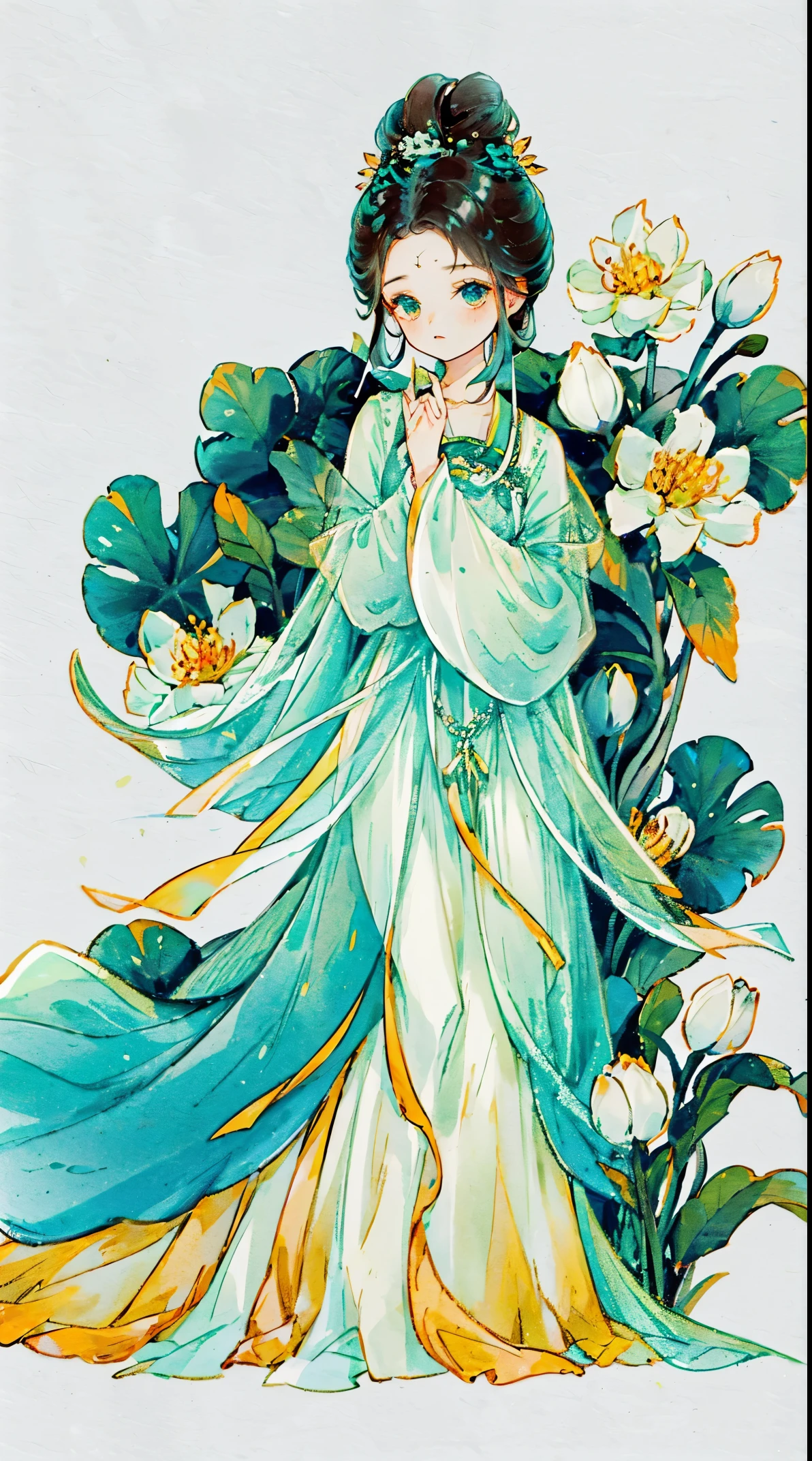 1 Sister, Alone, looking at viewert, face flushed, Background with, black hair color hair, hair adornments, longer sleeves, white backgrounid, everlasting, Full body lesbian, flowers blooming, hairflower, hair-bun, butterflys, green color, tmasterpiece, recent quality, The finest details, Clear facial features, beautidful eyes