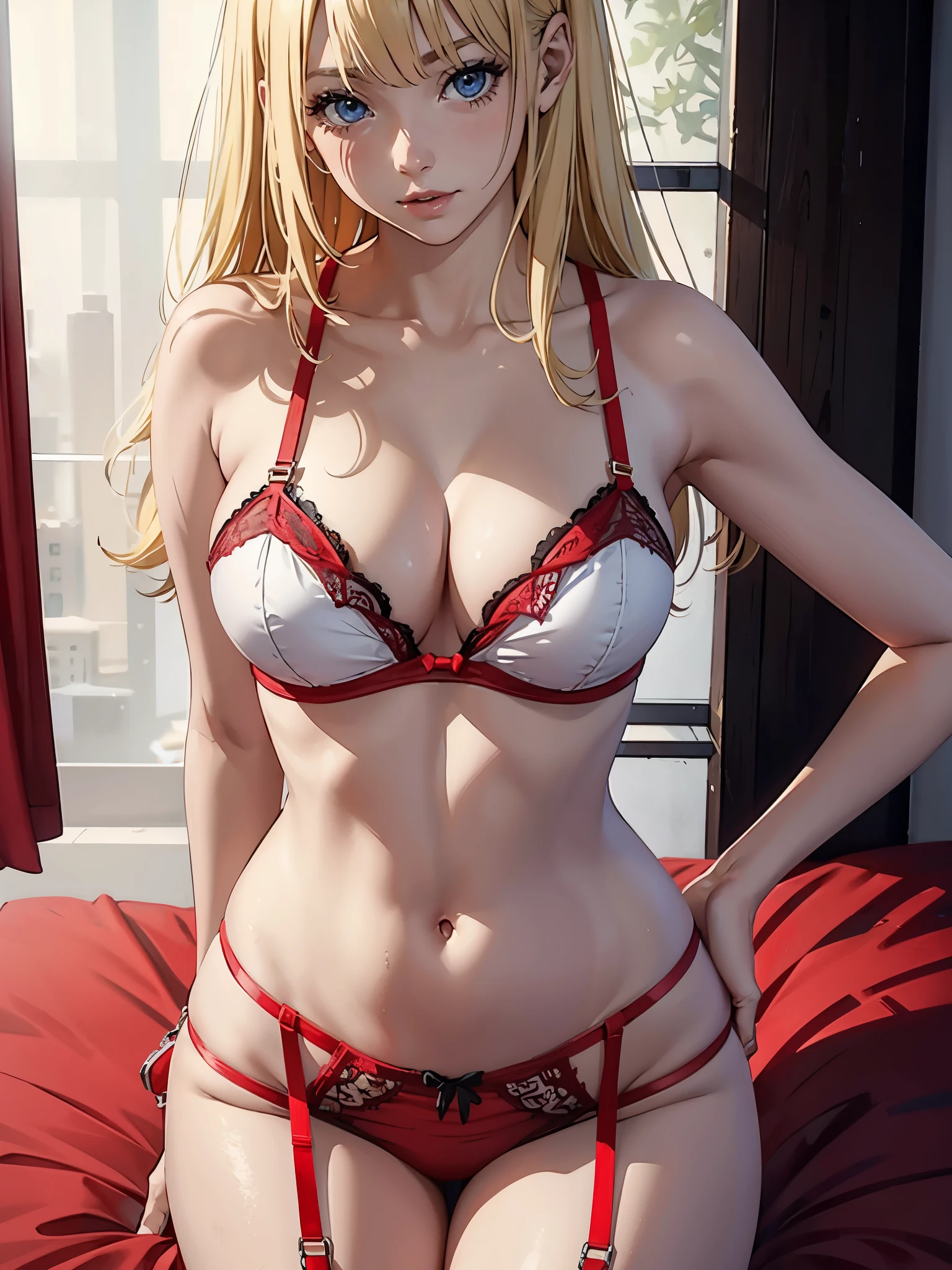 1girl,, blonde, wearing red lingerie, high res, ultrasharp, 8K, looking at viewer
