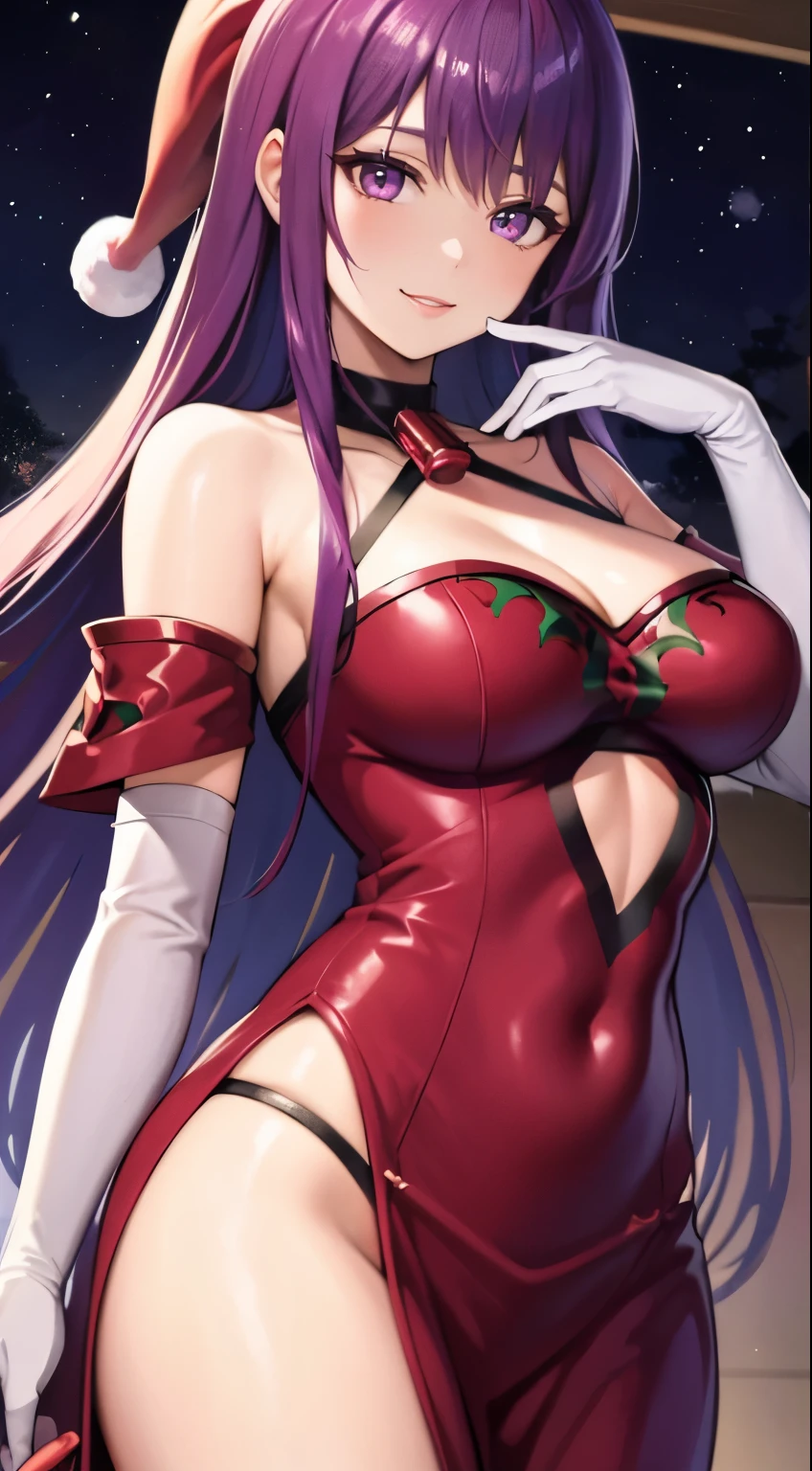 1girl, solo, masterpiece, best quality, high res, highly detailed, (illustration), beautiful detailed eyes, ivy fe, purple hair , long hair,purple eyes ,glossy lips, light makeup, smile, long white satin elbow gloves ,cowboy shot, (santa), red santa dress