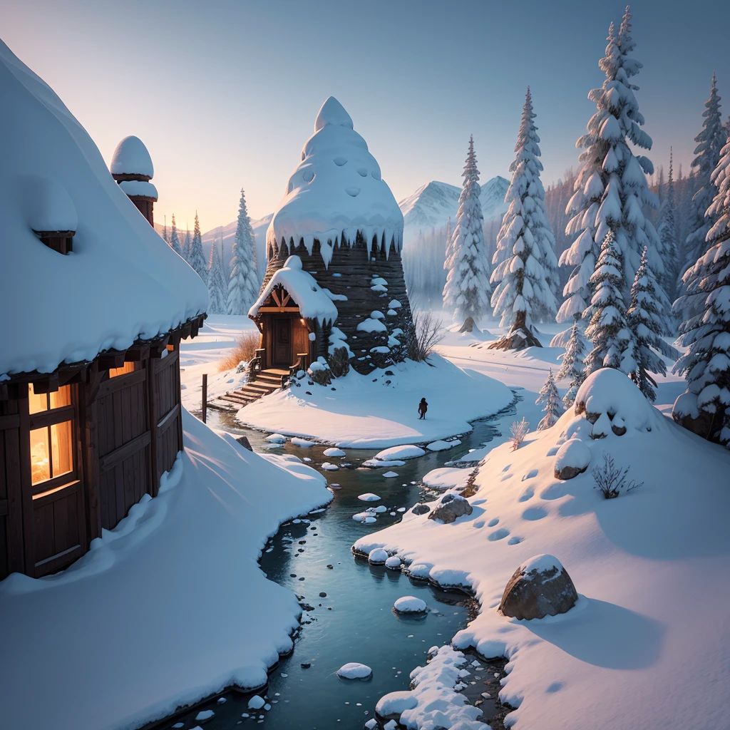 In an Ice Age village, the landscape is dominated by vast icy plains and snow-covered terrain. The village is comprised of primitive shelters crafted from mammoth hides and bones, nestled against rocky outcrops for shelter. The inhabitants, clad in furs and animal skins, go about their daily routines. There are flickering torches illuminating paths made of packed snow rather than worn stone streets. Near the village, a frozen river flows, its crystal-clear waters glistening under the icy surface. Small ice caves line the ravine's edge, offering protection and storage for the villagers. In the distance, massive glaciers loom, shaping the horizon. Instead of a castle, a central communal igloo stands tall, serving as a gathering place for the tribe. Eagles and other ice-age birds circle above, and occasionally, ancient, mythical creatures resembling ice dragons breathe frosty mist into the frigid air as the rising sun casts an ethereal glow over the snow-covered landscape, creating an atmosphere of mystical tranquility amidst the cold.